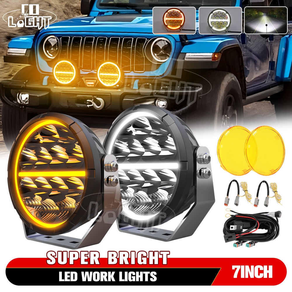 AUXBEAM Pair 7inch LED Work Lights Spot Beam Offroad Driving Pods+Amber Cover