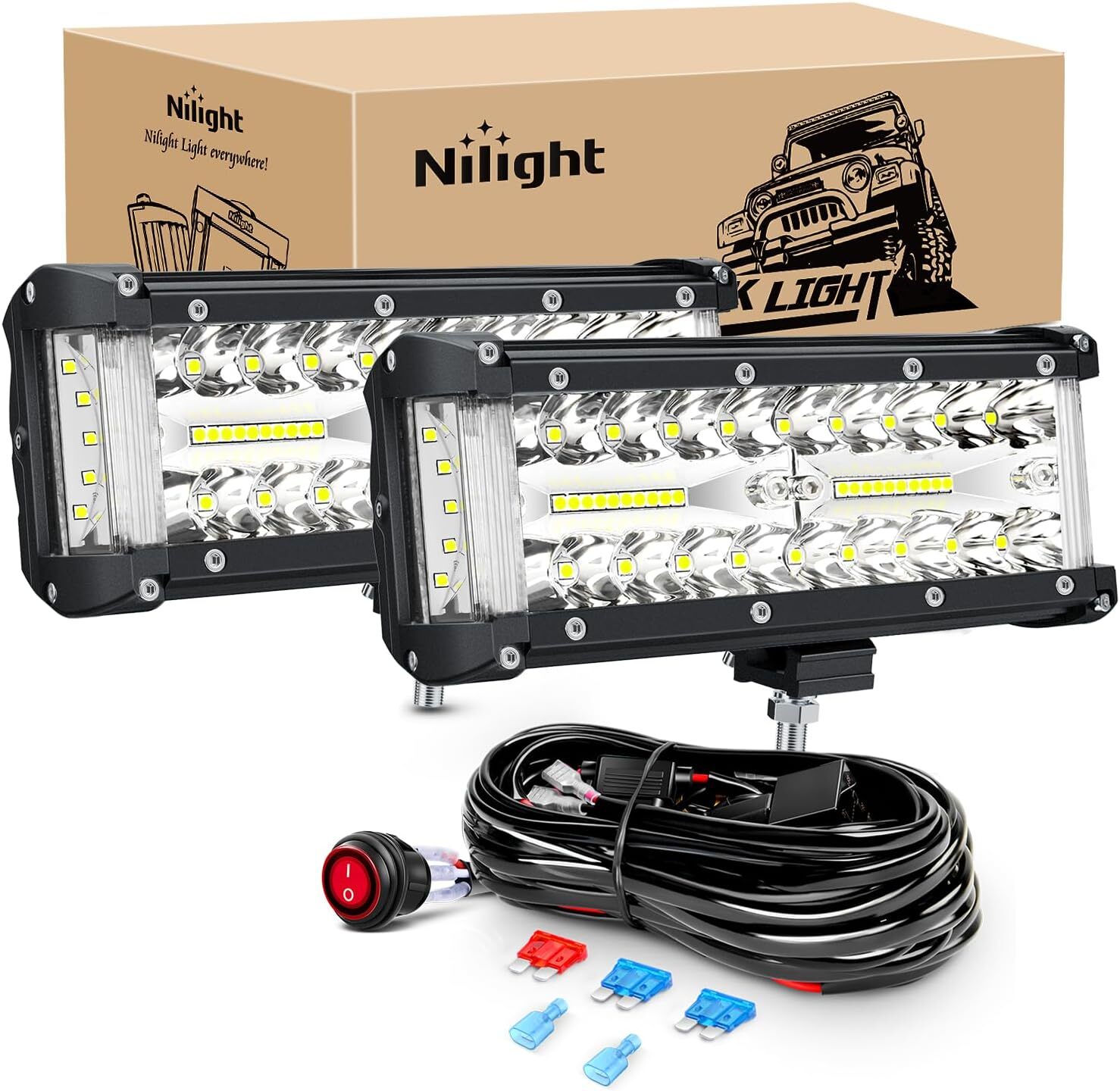 Nilight Side Shooter LED Light Bar 2PCS 7 Inch Triple Row Spot Flood Combo Light