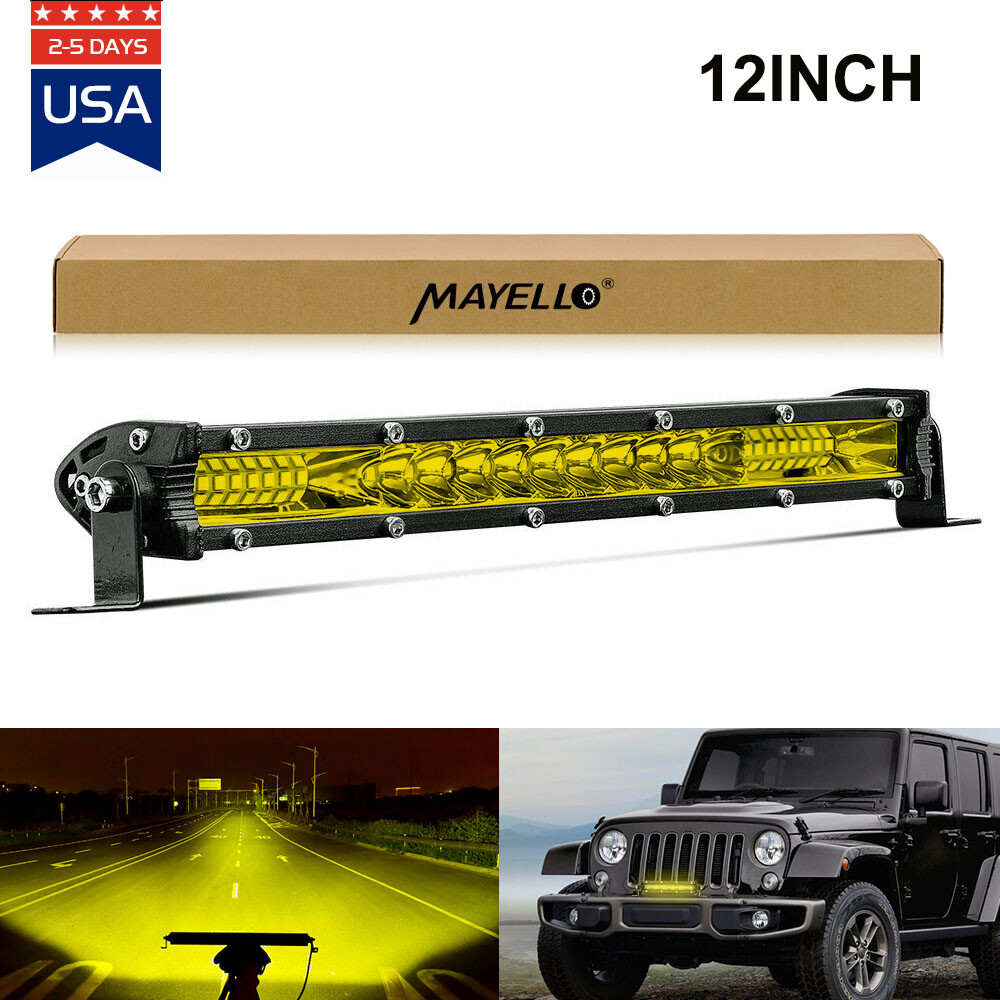 12 Inch LED LIGHT BAR Yellow Spot Flood Combo Jeep Truck Offroad 4WD ATV SUV 10″
