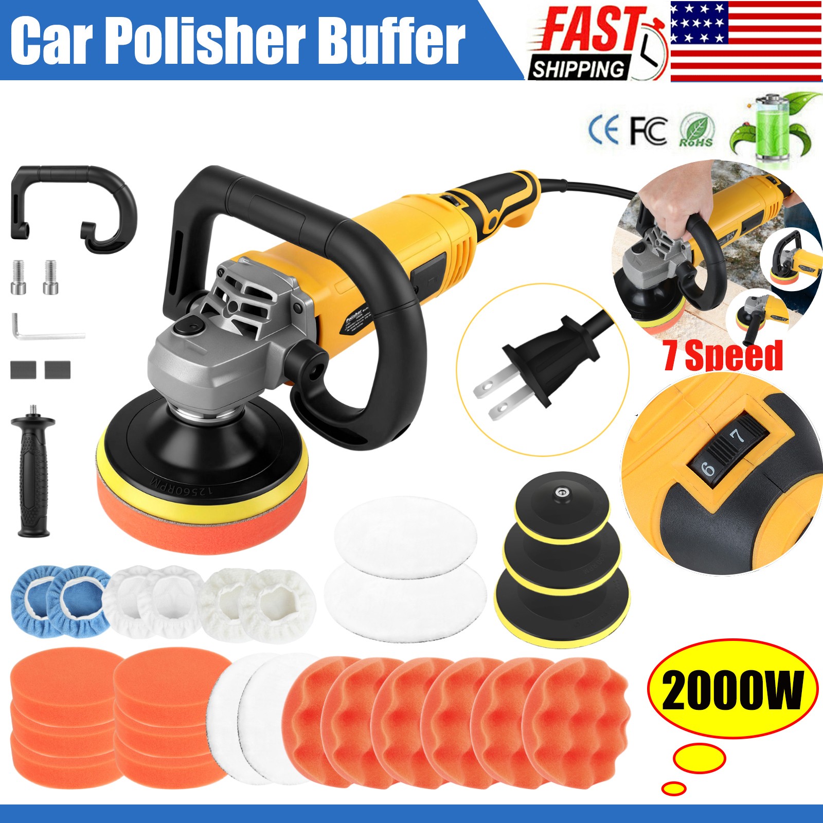 ✅7-Speed Car Buffer Polisher Waxer Rotary 5″6″ Backing Plate Polishing Machine
