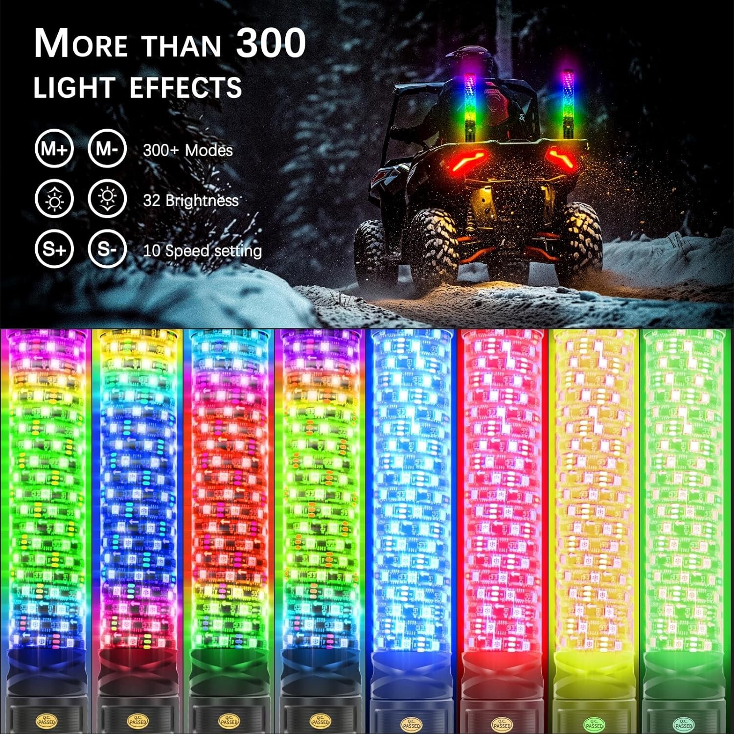 2X2FT RGB Fat Spiral Whip Lights For Polaris RZR PRO XP Kawasaki TERYX KRX4 1000
