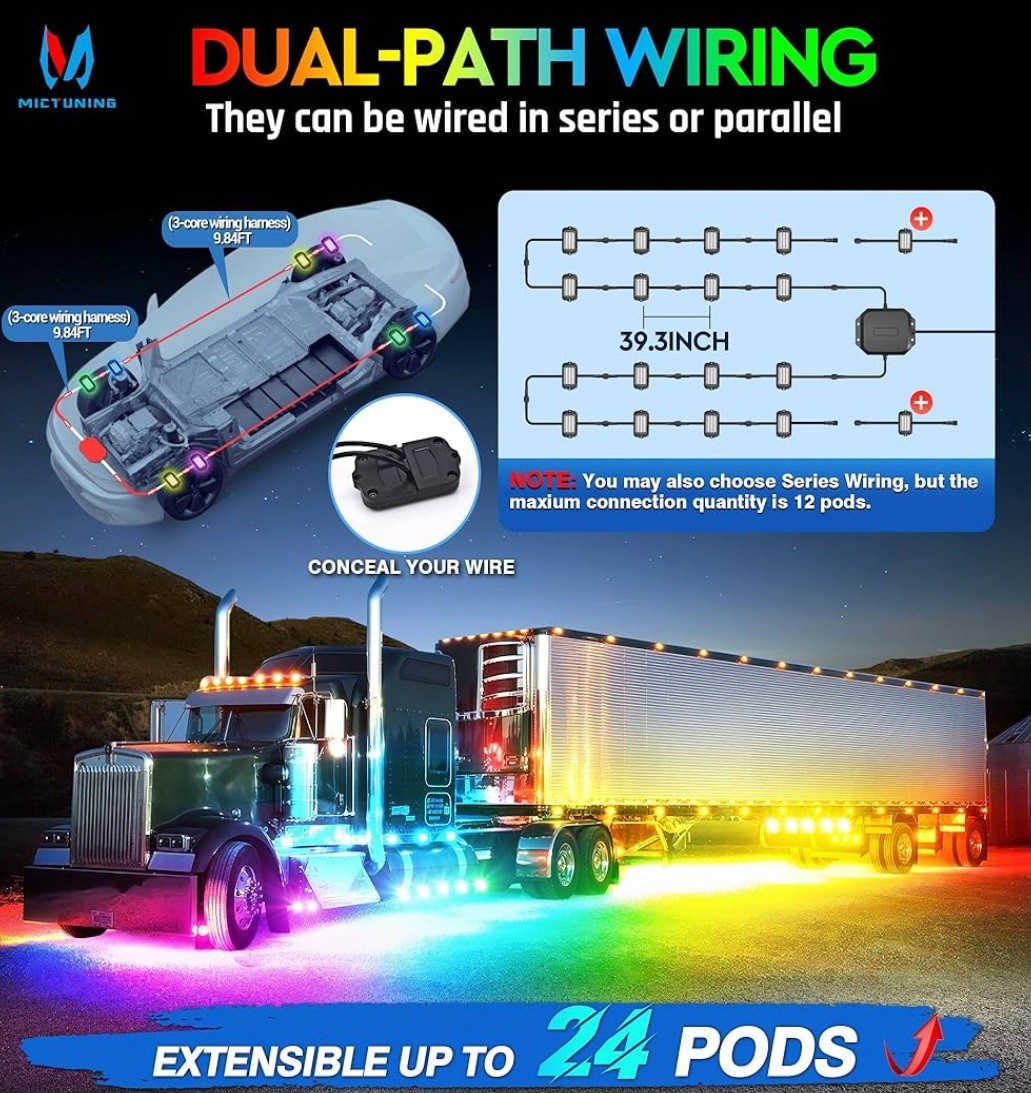 MICTUNING Q1 Max RGB+IC Rock Lights Chasing Dream Color – 8 Pods Underglow Light