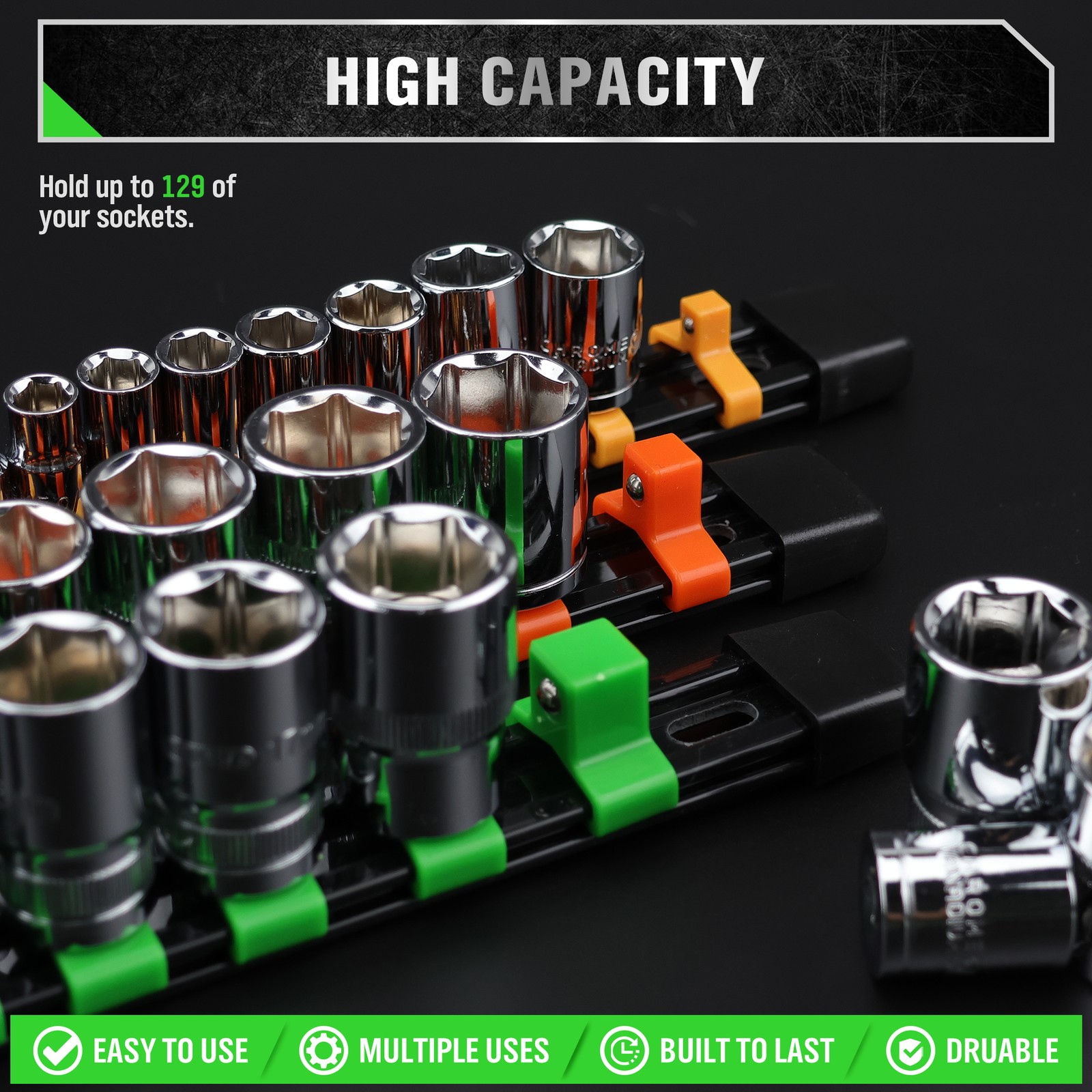 9pc Socket Organizer Mountable Sliding Holder Rail Rack Tool Storage 1/4 3/8 1/2