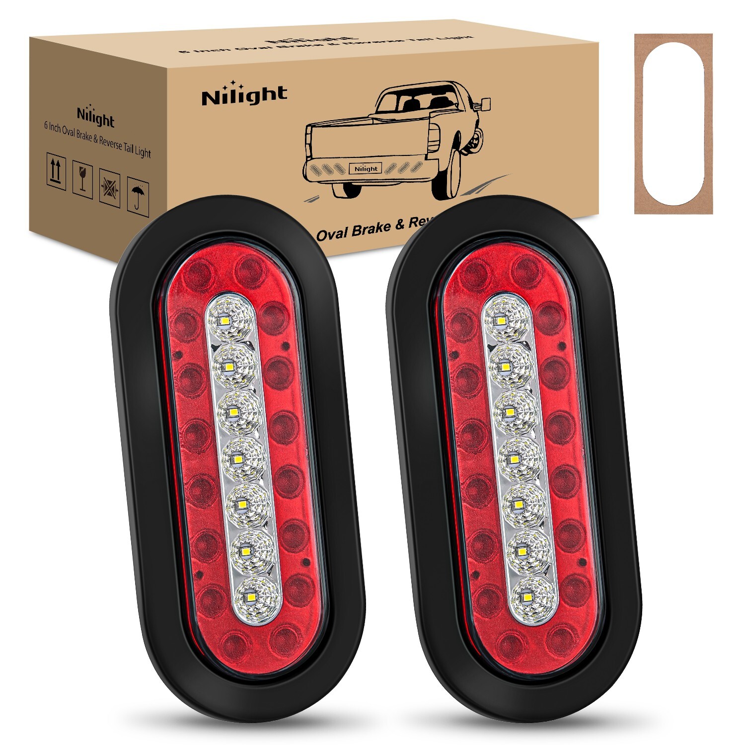 Nilight 2PCS 6Inch Oval LED Trailer Tail Lights Red White 23LEDs IP67 Waterproof