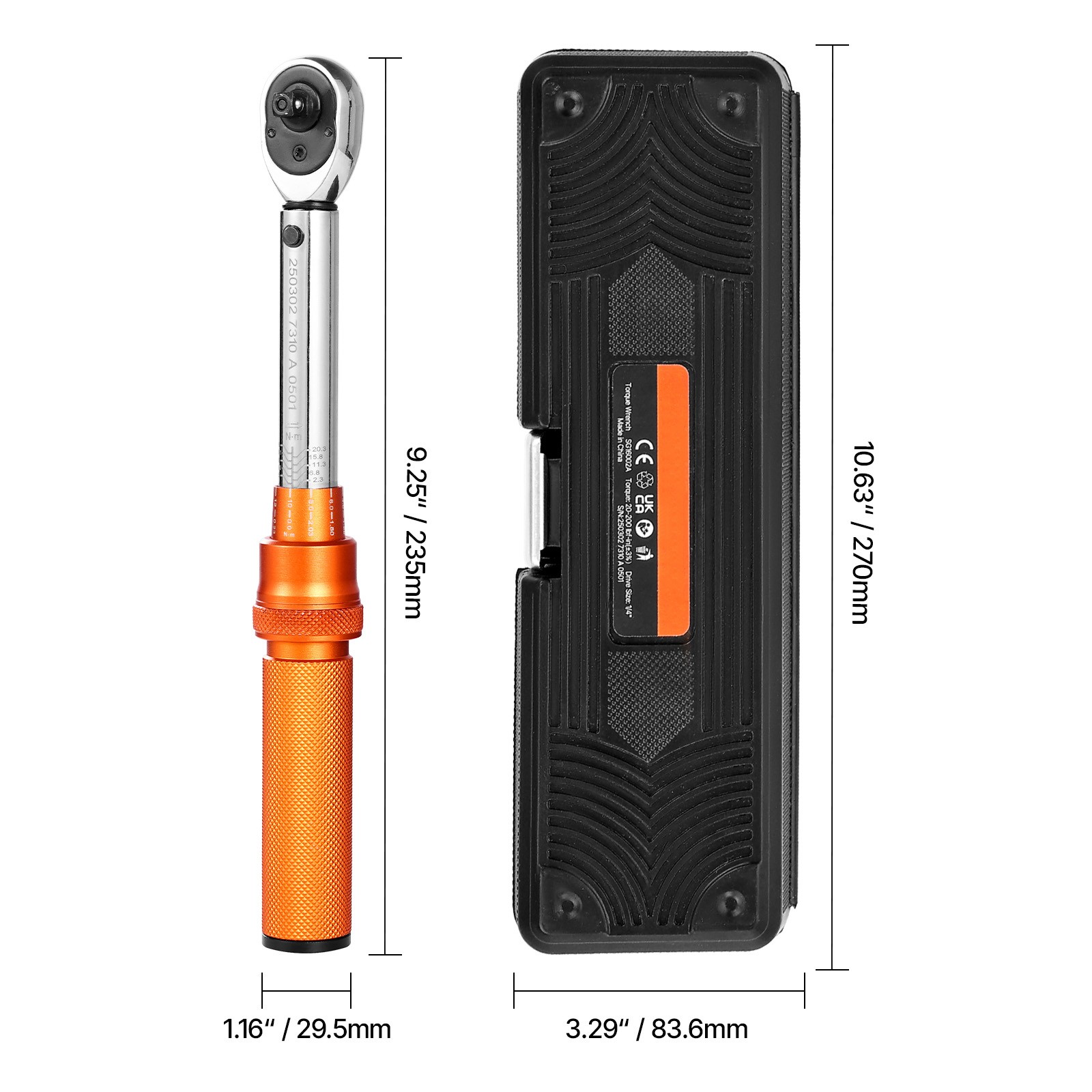 Click Torque Wrench Set 1/4 Inch Drive 20-200lbf-in /2.3-22.6N.m 72-Tooth Orange