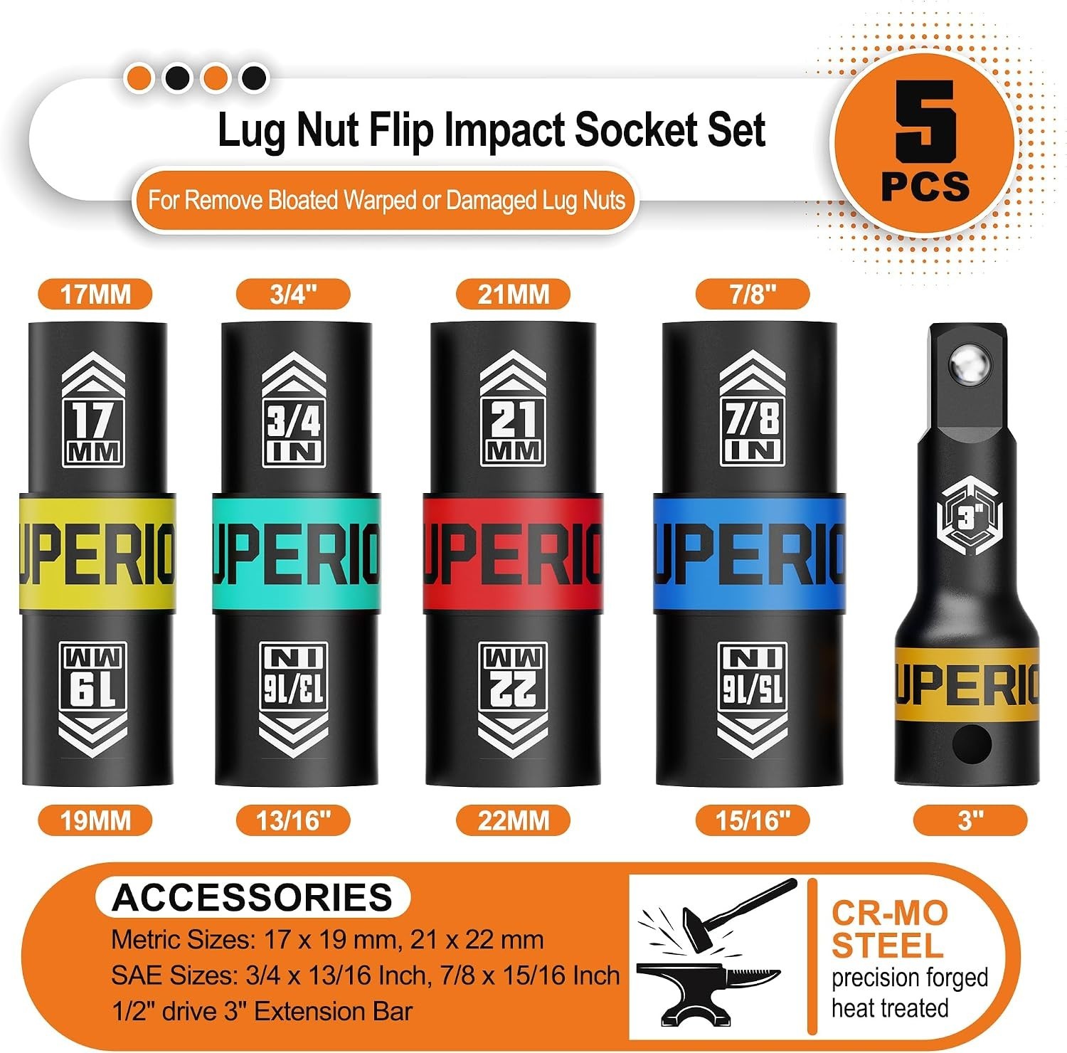 1/2″ Drive Lug Nut Impact Socket Set, 5 Pcs Impact Sockets, Flip Socket Set, …