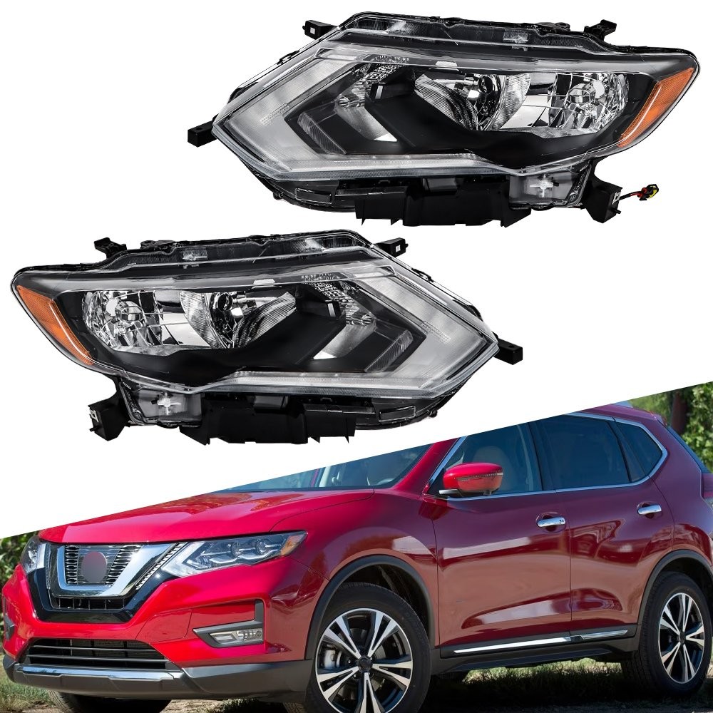 Halogen Headlights For Nissan Rogue 2017 2018 2019 Left+Right w/LED DRL Chrome