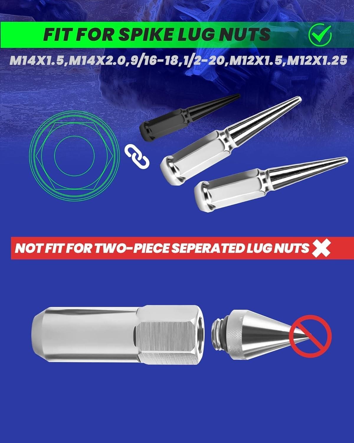Spike Lug Nut Socket for 1/2″-20/M14x1.5/M14x2.0/M12x1.25/9/16-18″ Spiked Nuts
