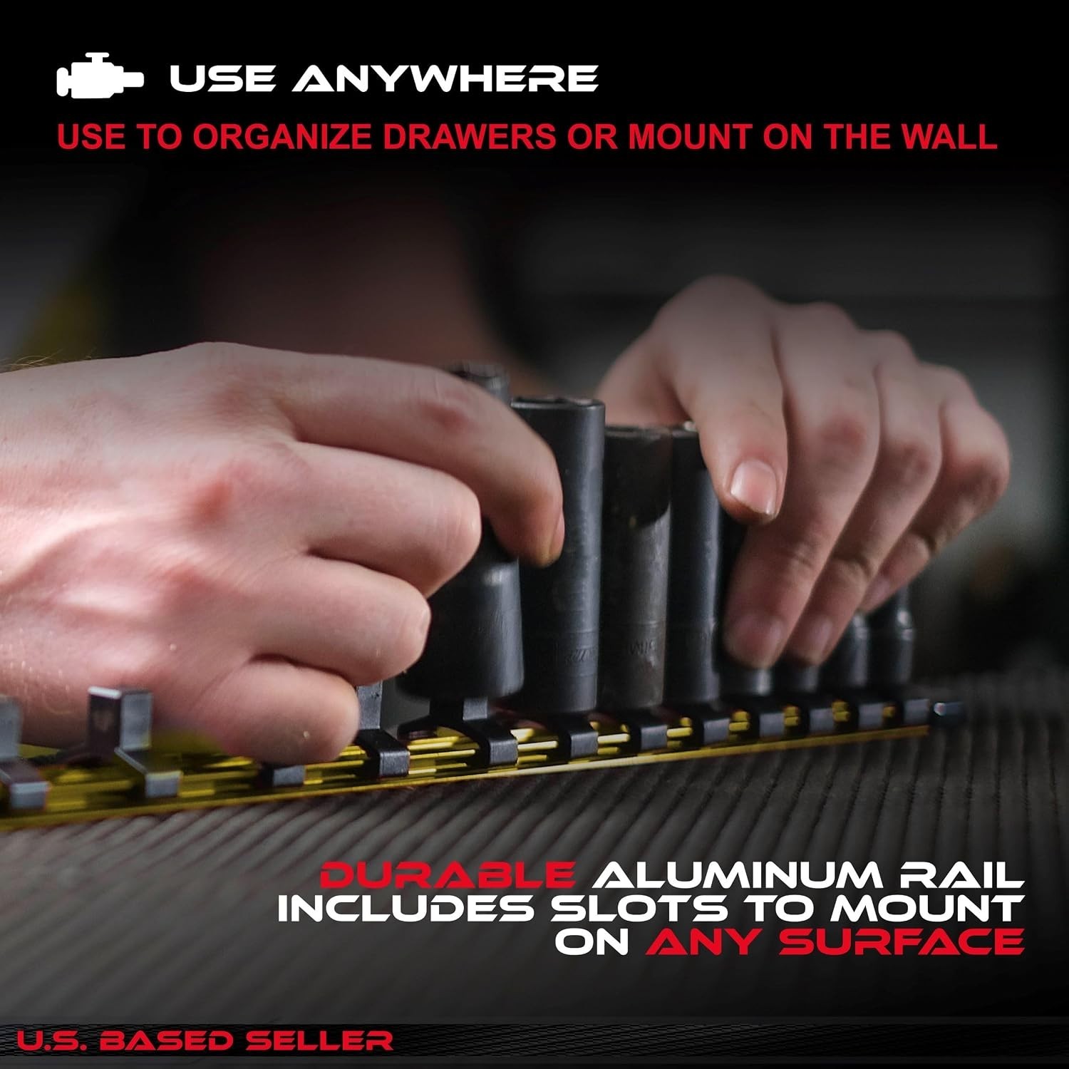 Effortless Tool Organization: Yellow Aluminum Socket Holder with 16 Secure Clips