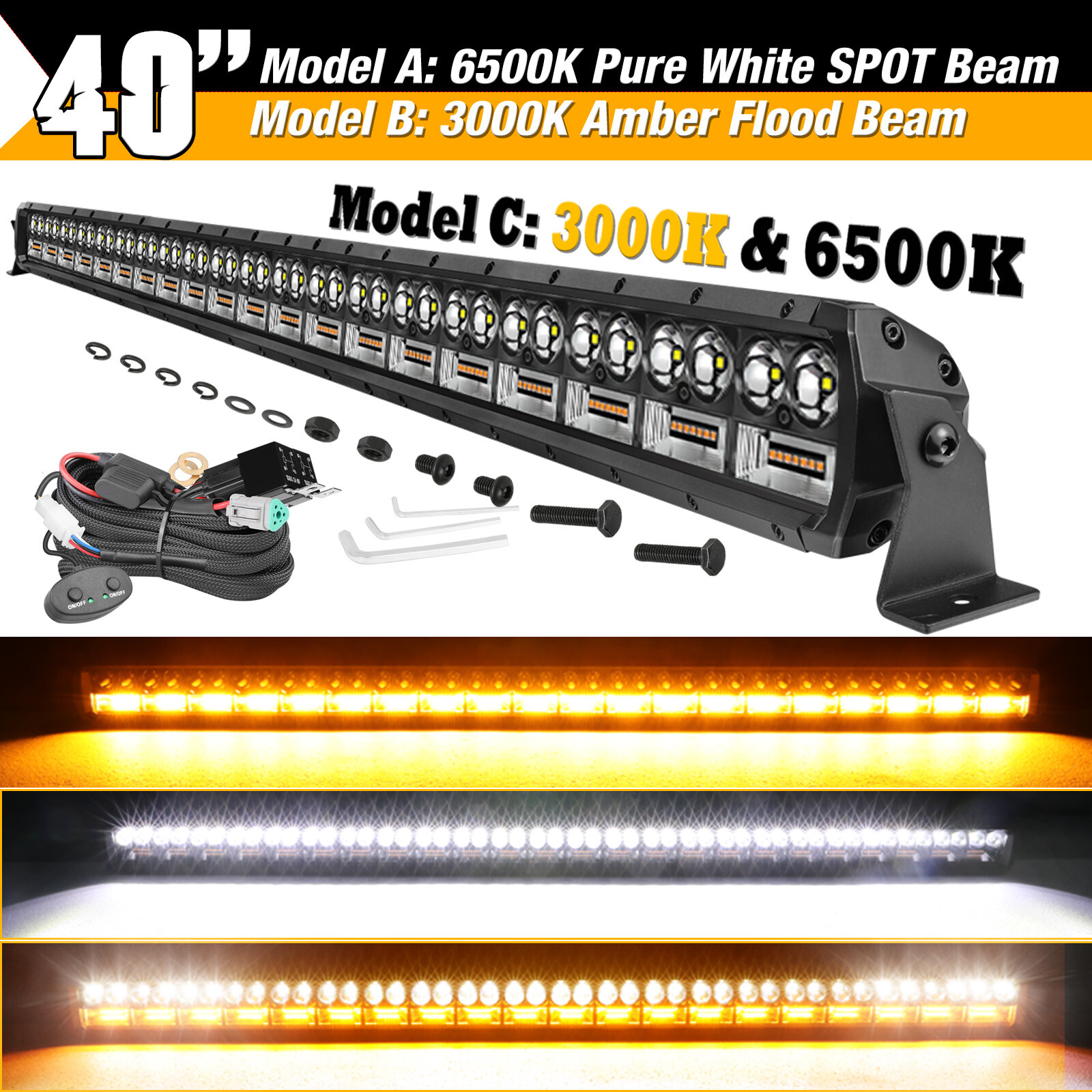 40″ PRO LED Light Bar WHITE YELLOW Offroad Driving 4WD 42″ W/ Dual Switch Wiring