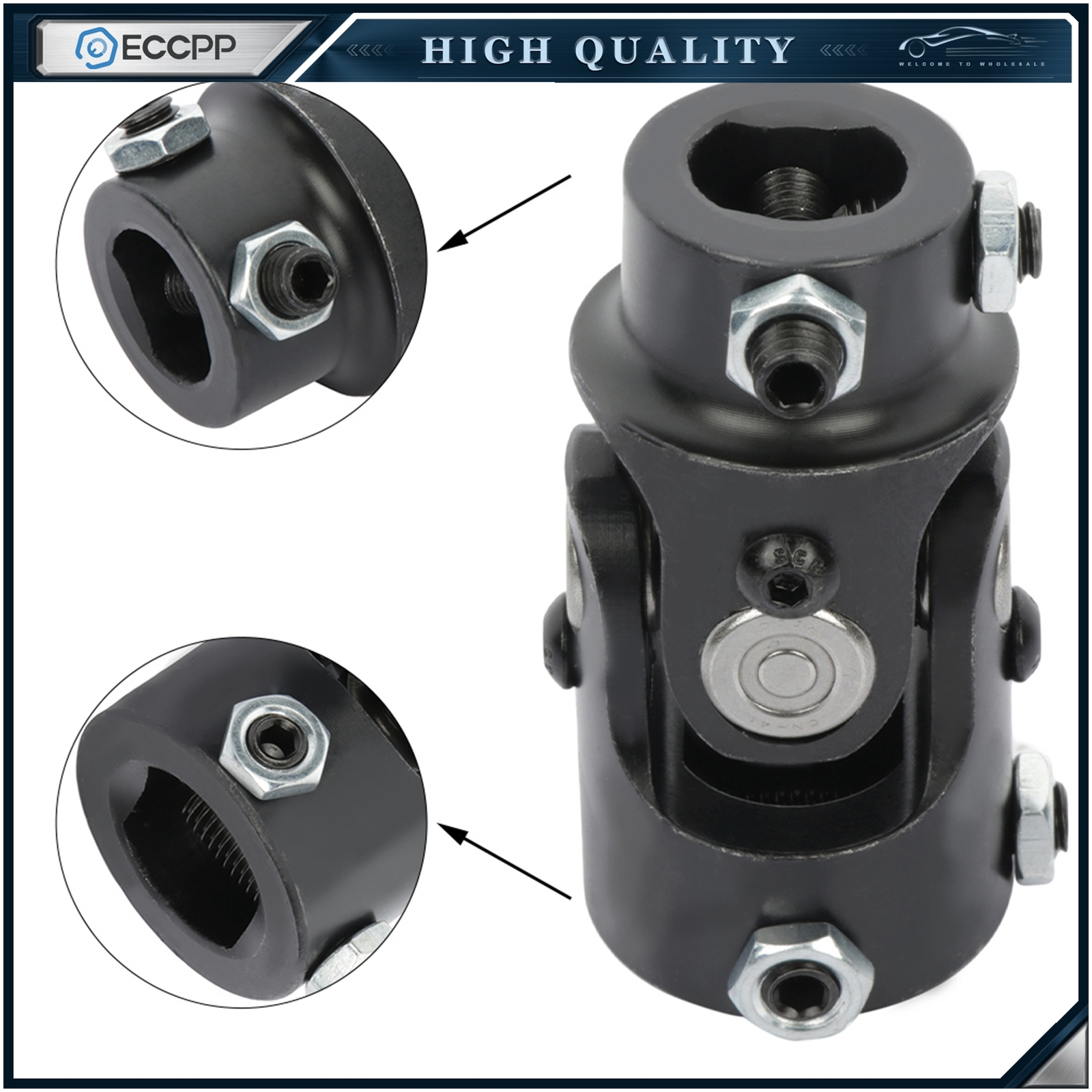 Black Steel Single Shaft Coupler Universal Steering U-Joint 1″ DD X 3/4″ DD