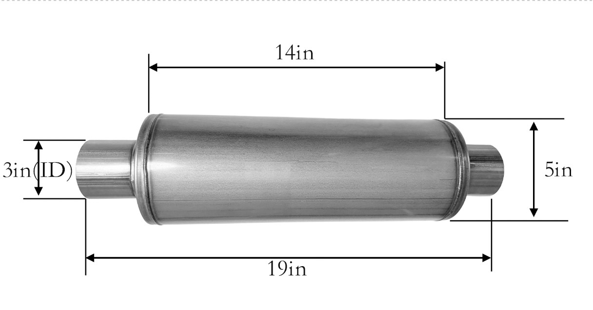 Muffler 3″ Inlet/Outlet 19″ Overall 5″ Round body Performance Hi-Flow Exhaust