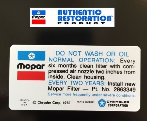 1972-1973 340 4bbl Do Not Wash Air Cleaner Decal Except Dual Snorkle New MoPar