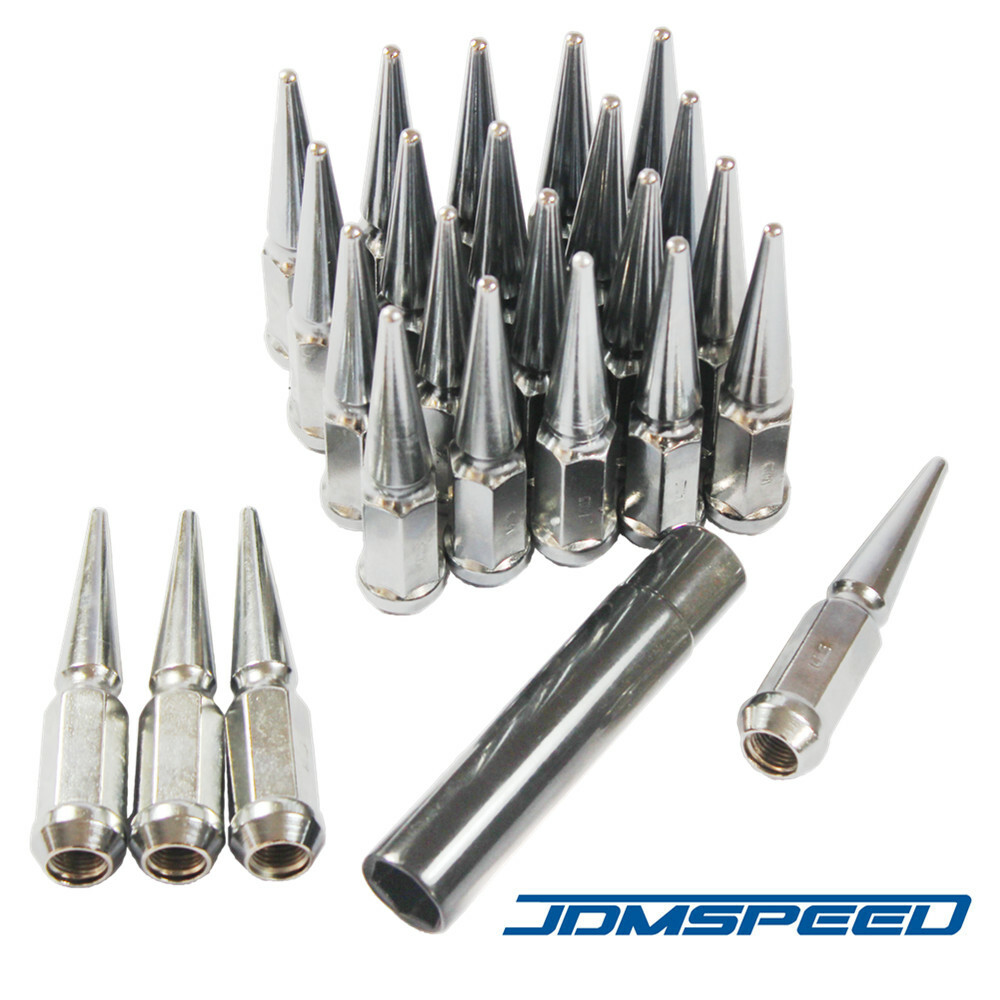 24 PCS Chrome Spike Lug Nuts 14×1.5 For Chevy Silverado Tahoe 4.4″ Tall w/ Key