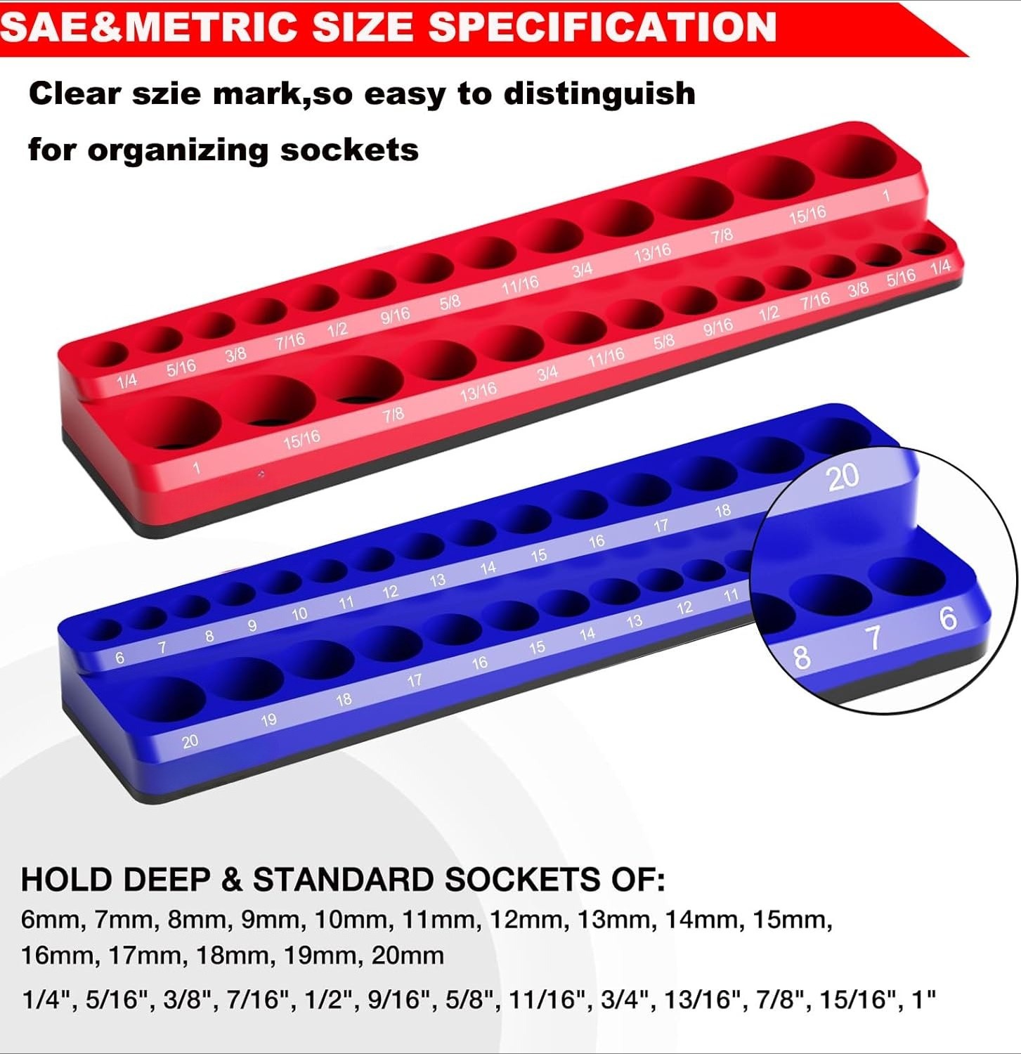 3/8 Inch Magnetic Socket Organizer,2-Pack Metric &SAE Sockets Holder Set