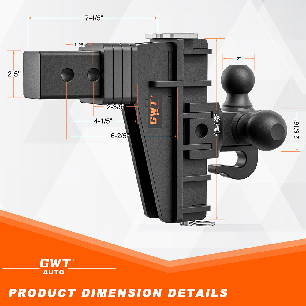 Adjustable Trailer Hitch 2.5” Receiver 6” Drop Tow Tri-Ball w/ Hook Heavy Duty
