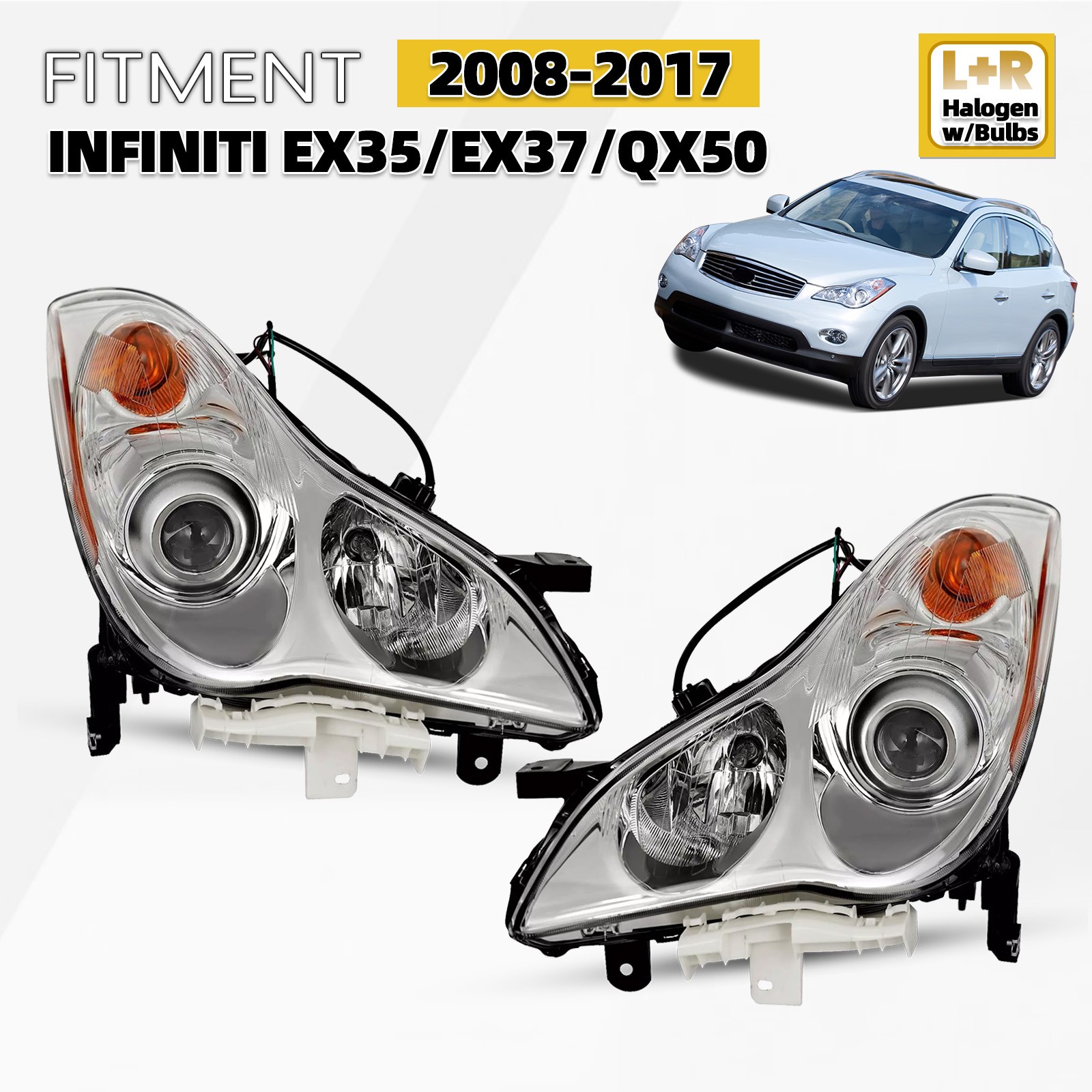 For 2008-2012 Infiniti EX35 2014-2017 QX50 Halogen Headlight Left+Right Pair