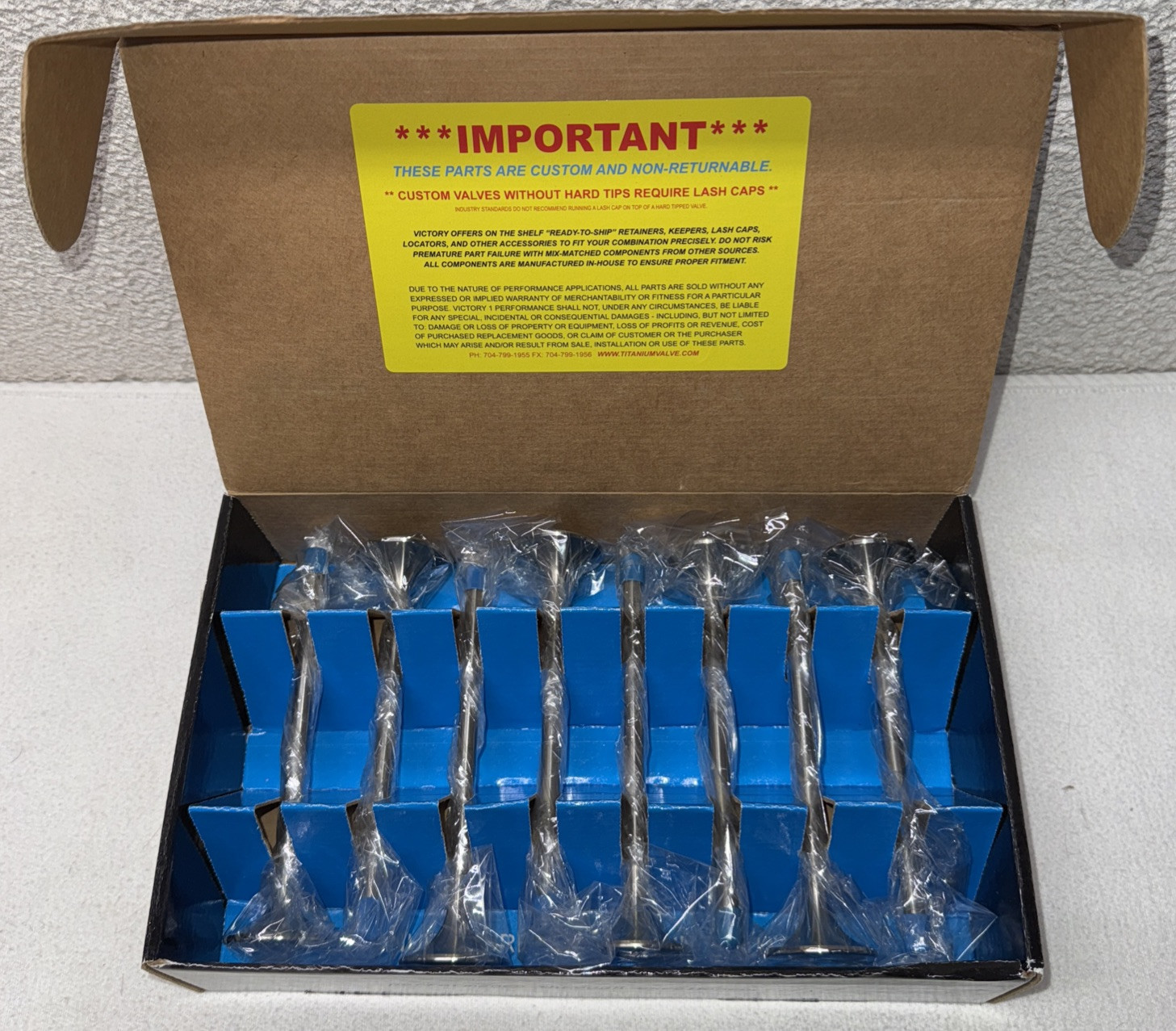 Victory 1 Performance Custom Titanium Exhaust “E-Temp” Valves: 1.6 x 6.15 x .25”