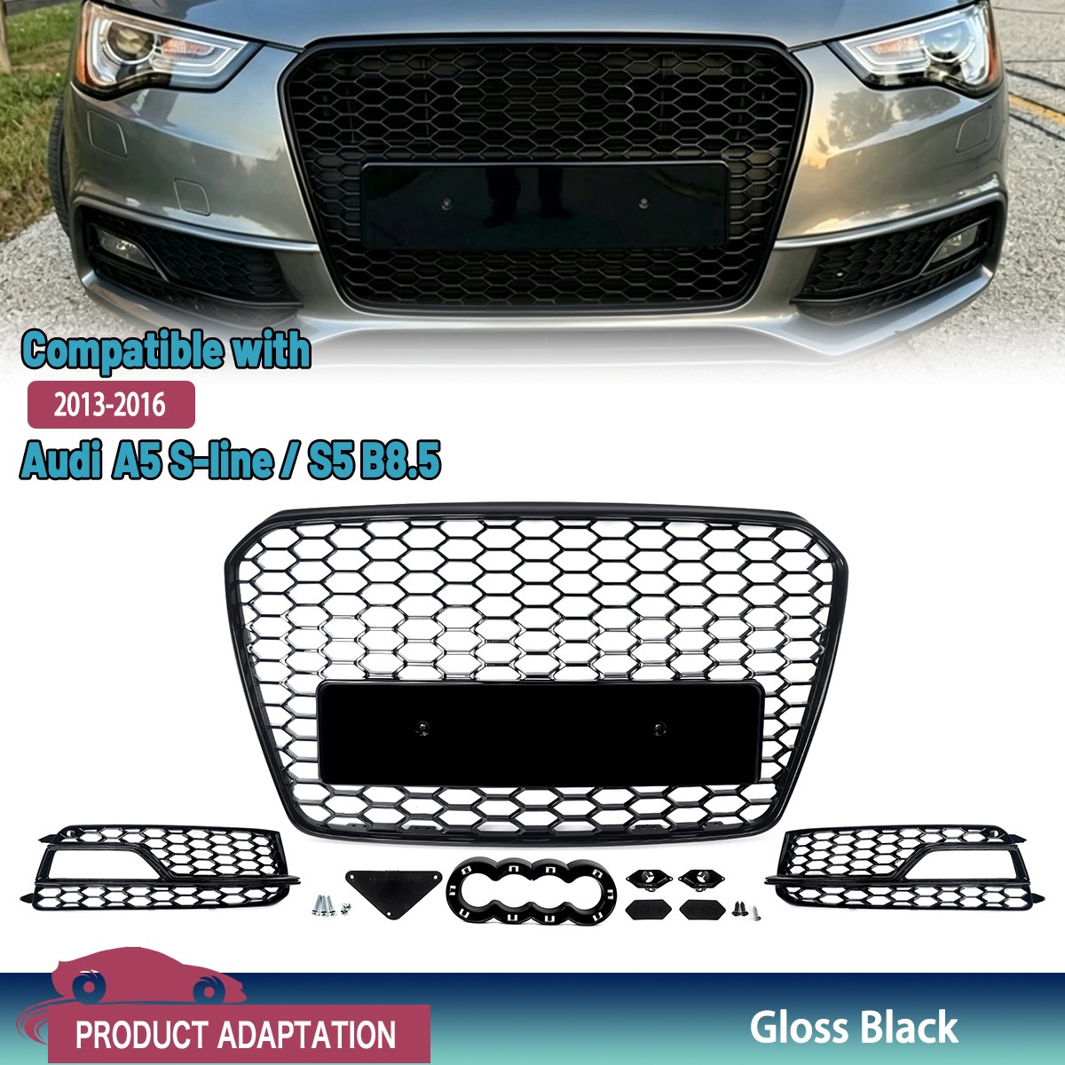 For Audi A5 S5 B8.5 S-line RS5 Style 13-16 Front Upper Grille w/ Fog Light Cover