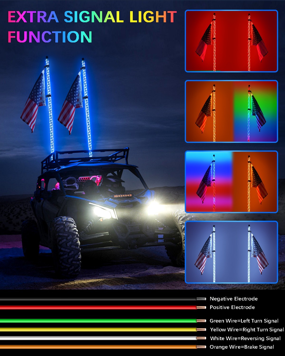 2pcs 6FT LED Whip Lights RGB Chasing Safety Flag Light for Truck Polaris SXS RZR