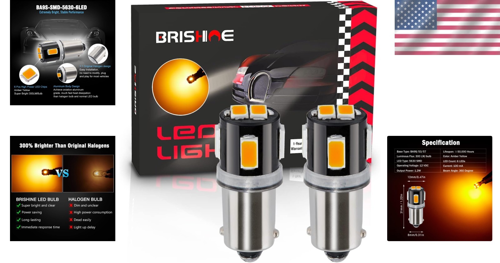 Extremely Bright BA9S LED Bulbs – 50,000 Hours, Amber Yellow Light, Easy Install