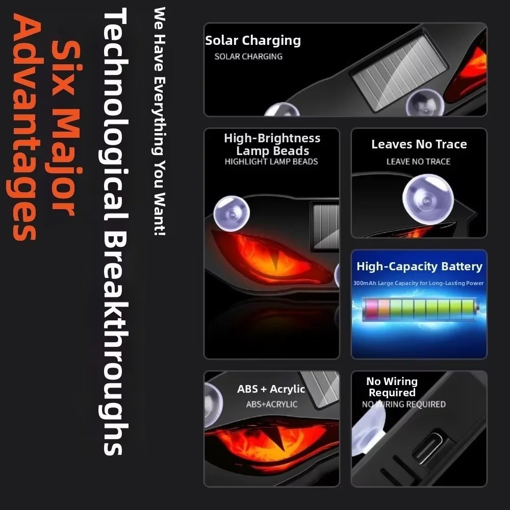 Universal Solar Car Demon Eye LED Flashing Warning Light Vehicle Safety Accessor