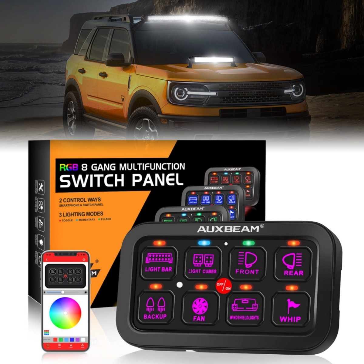 Auxbeam 8 Gang AR-800 Switch Panel RGB Light W/ App Bluetooth For Ford Mustang