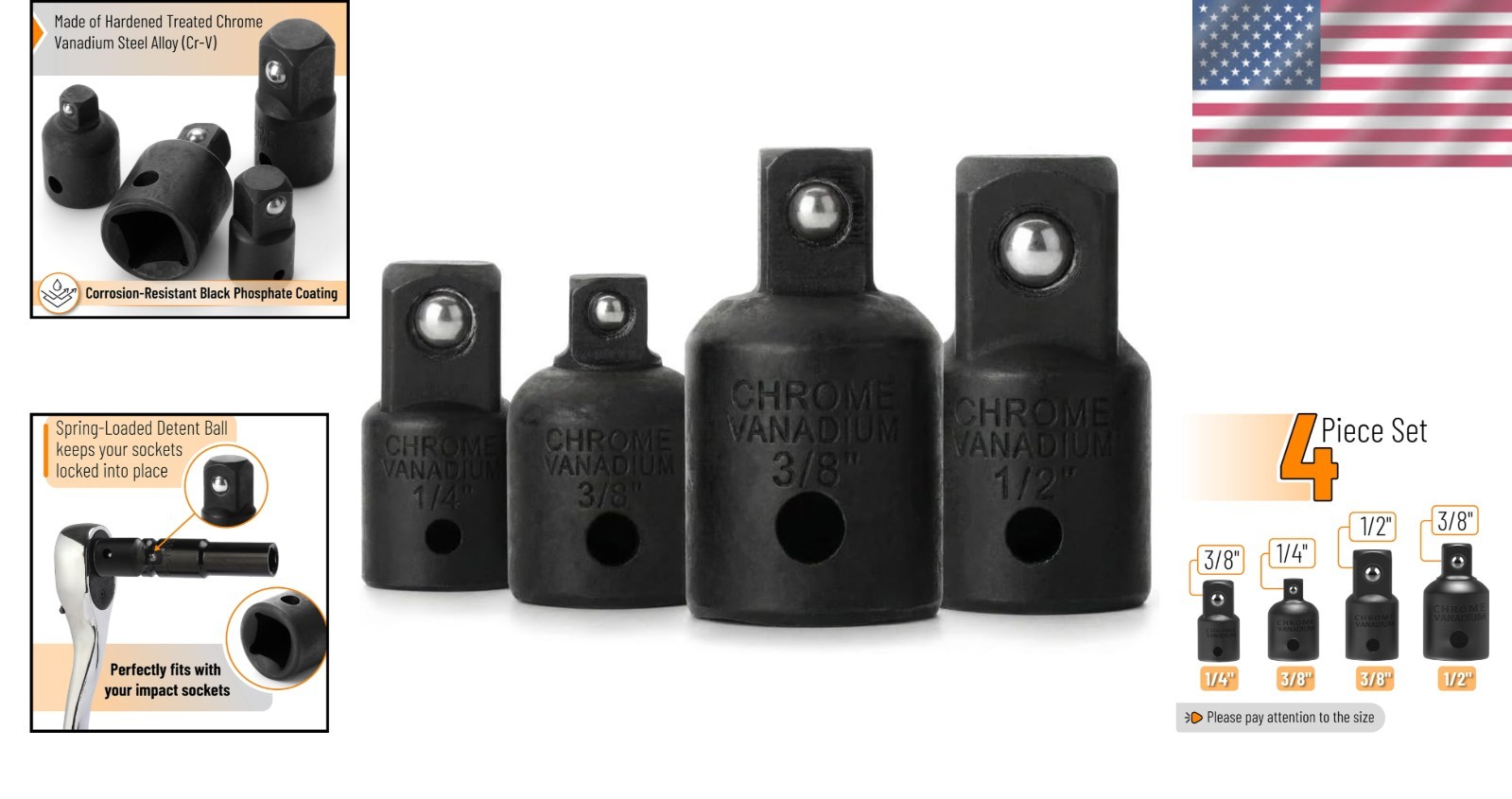 Bates 4-Piece Impact Socket Adapter & Reducer Set – Chrome Vanadium Steel