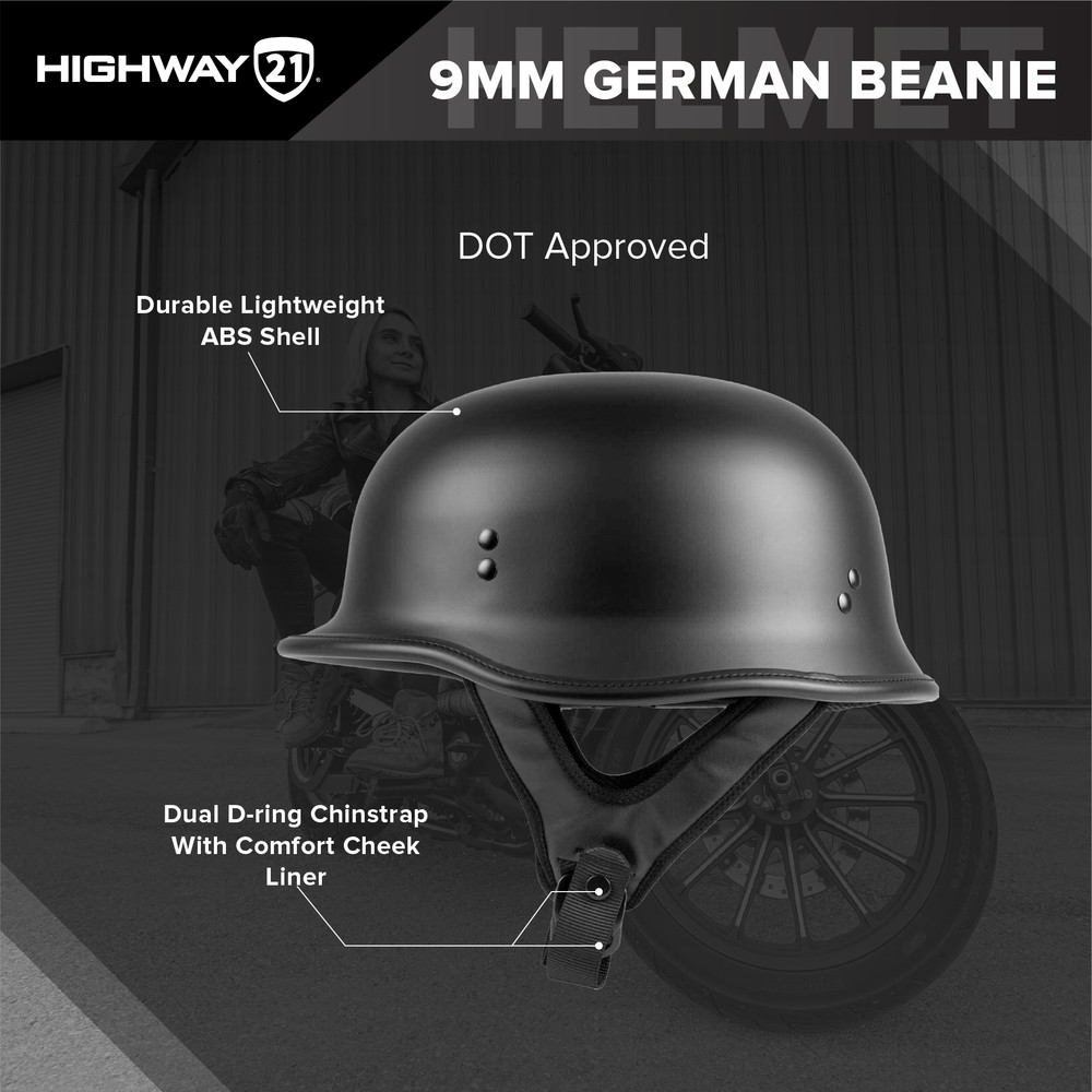 NEW HIGHWAY 21 9MM GERMAN BEANIE HELMET GLOSS BLACK SM – MOTORCYCLE