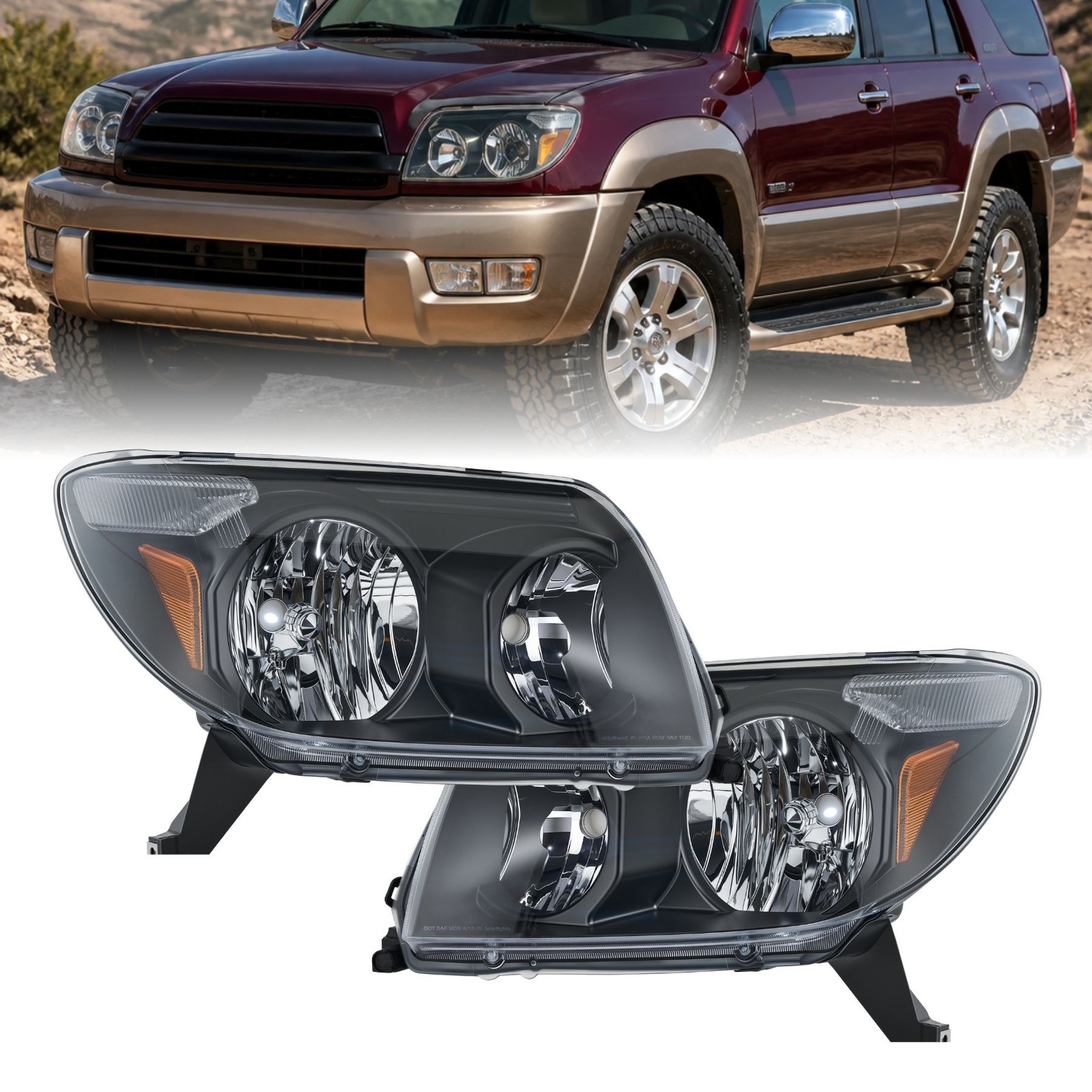 Headlight Assembly Halogen Head Lamps for 2003-2005 Toyota 4Runner L+R Black New