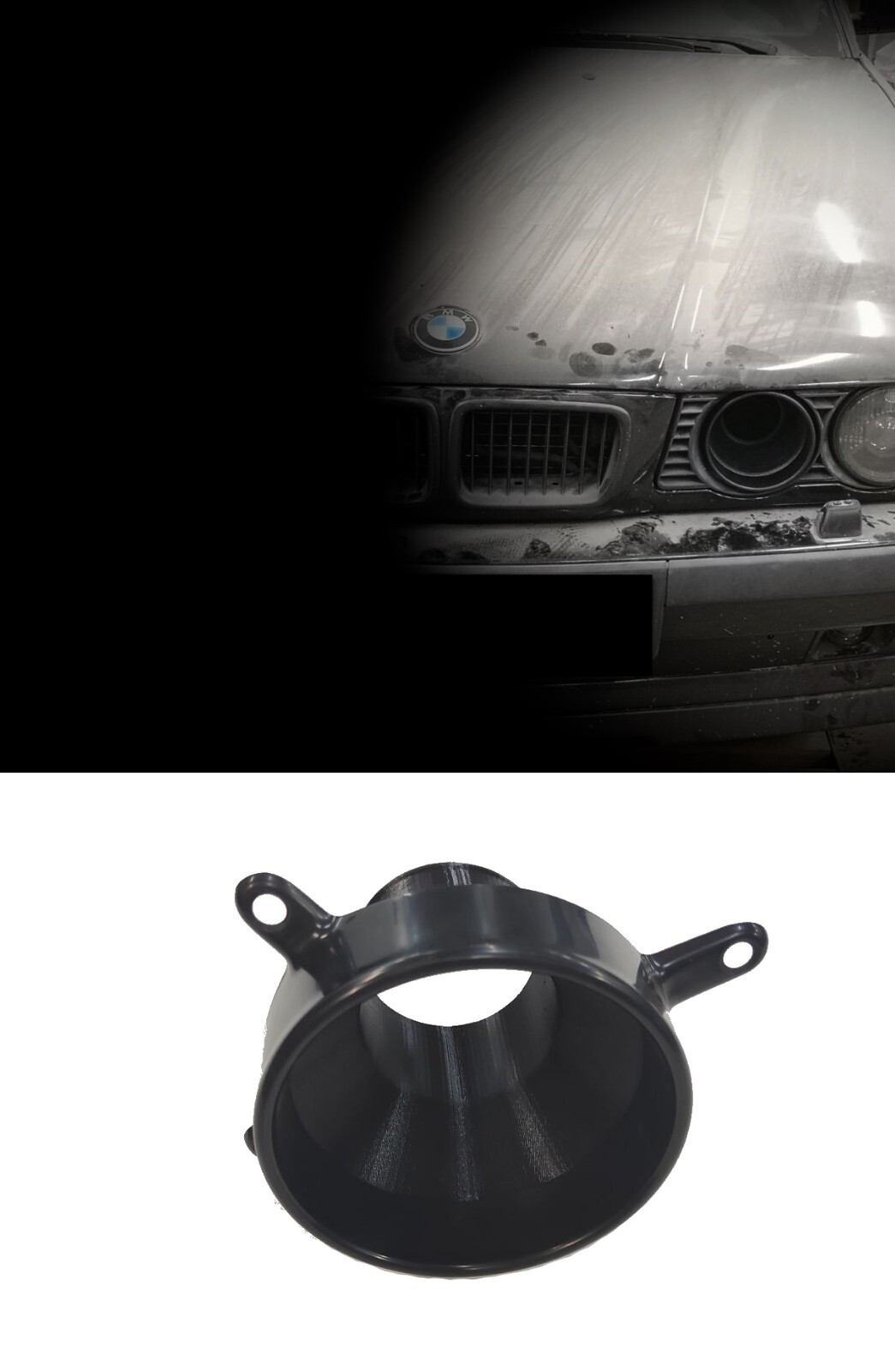 BMW E34 left side headlight duct, 3,5″ intake cold air duct, video