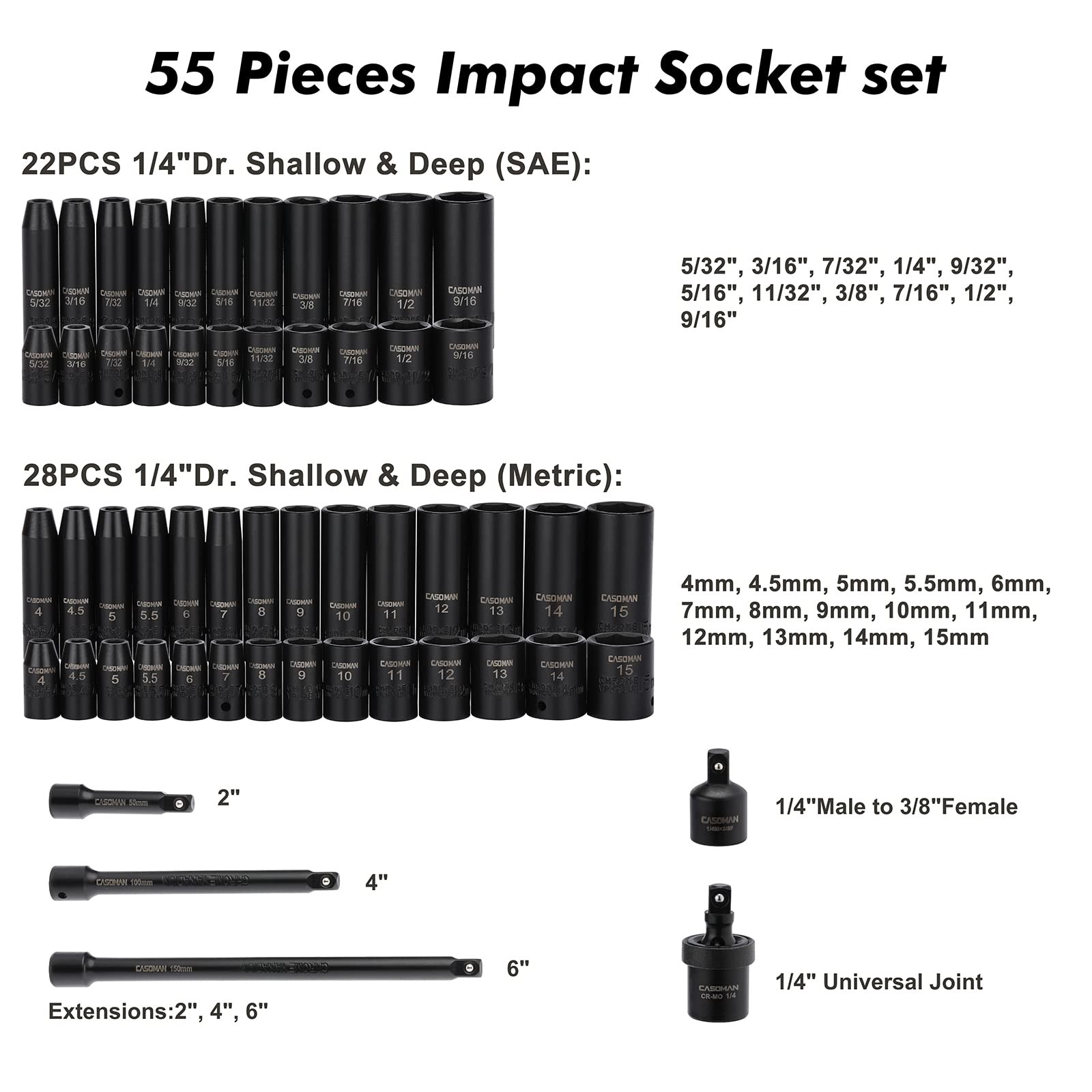55PCS 1/4″ Drive Impact Socket Set Shallow Deep SAE Metric 6-Pt _ SALE OFF