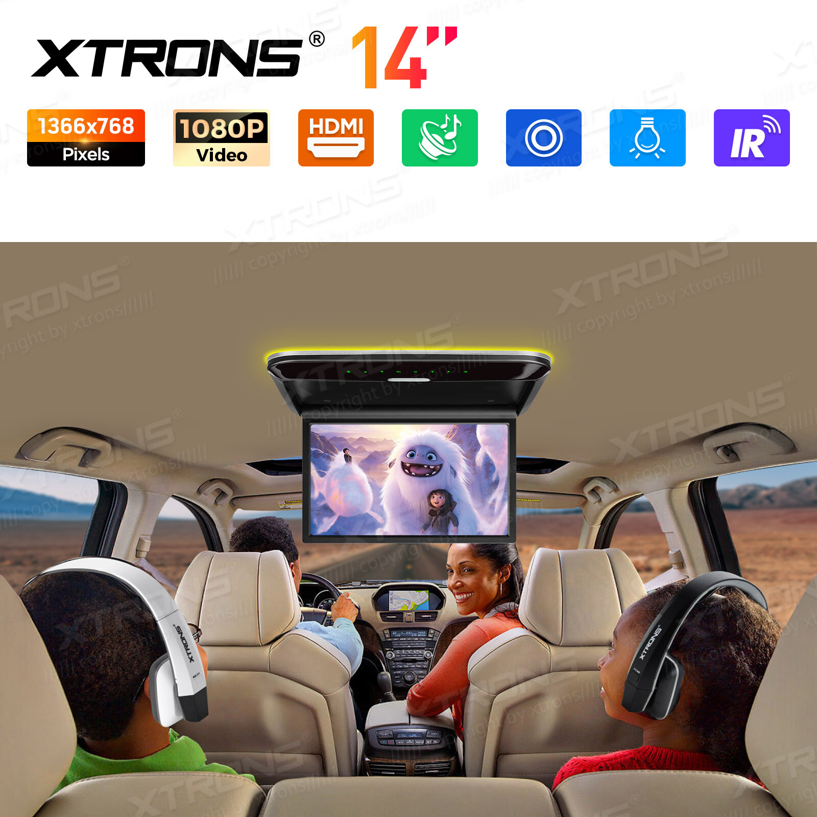 14″ FHD Car TV Roof Flip Down Monitor 1080P Video Stereo Speakers HDMI AV-IN FM