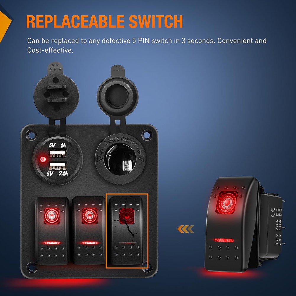 3 Pack Car Rocker Switches 5Pin SPST 20A/12V 10A/24V ON/Off with Jumper Wires