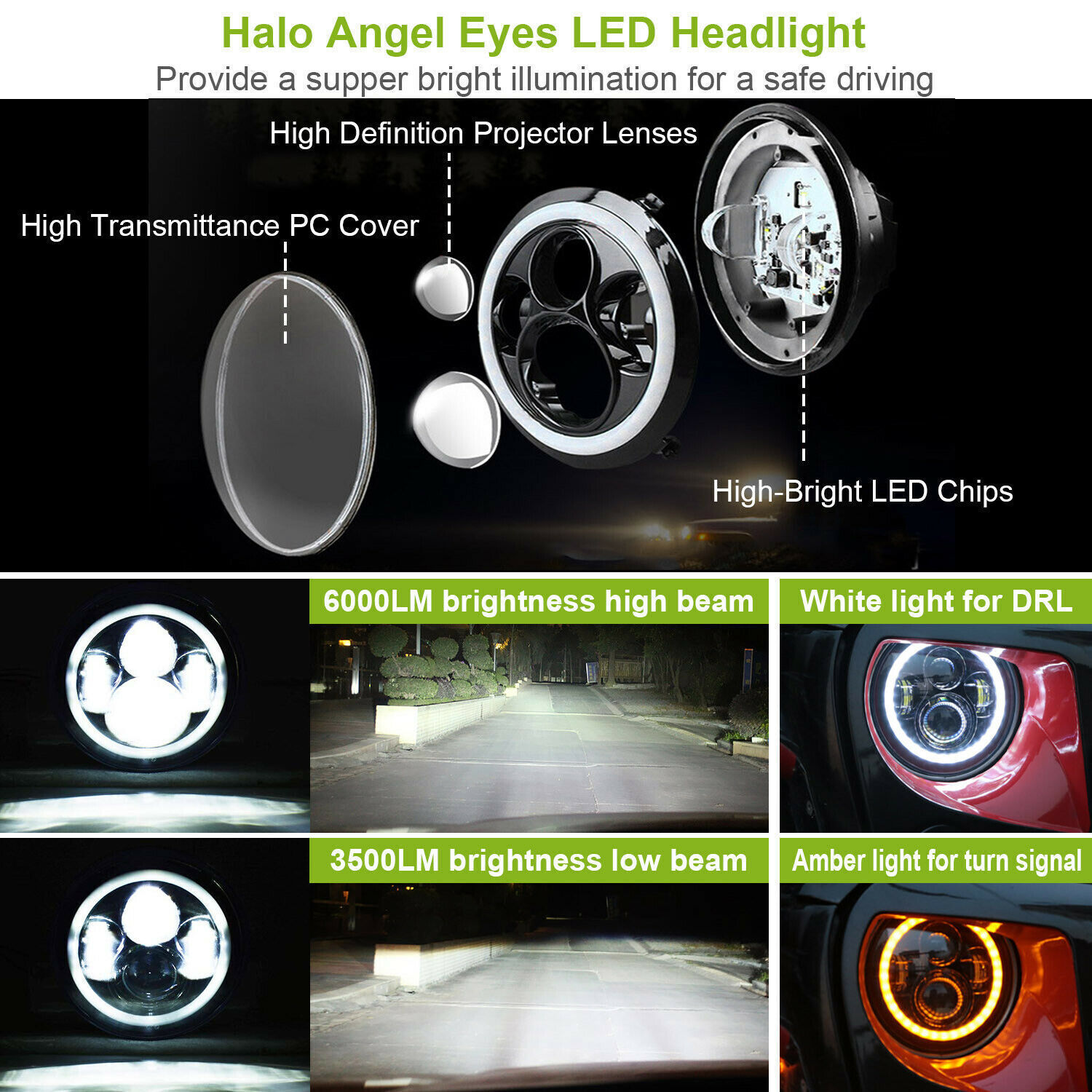 Pairs 7″ Inch Round LED Headlights Halo Angle Eyes For Jeep Wrangler JK LJ TJ CJ