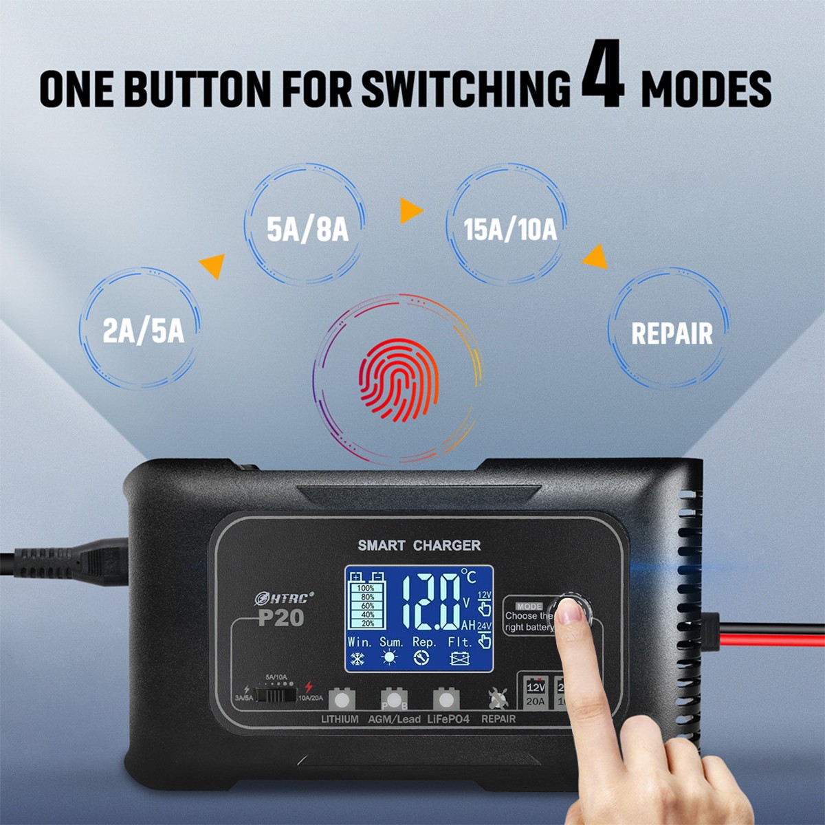 20-Amp Lifepo4 Lithium AGM Gel Smart Battery Charger, 12V/20A 24V/10A Maintainer