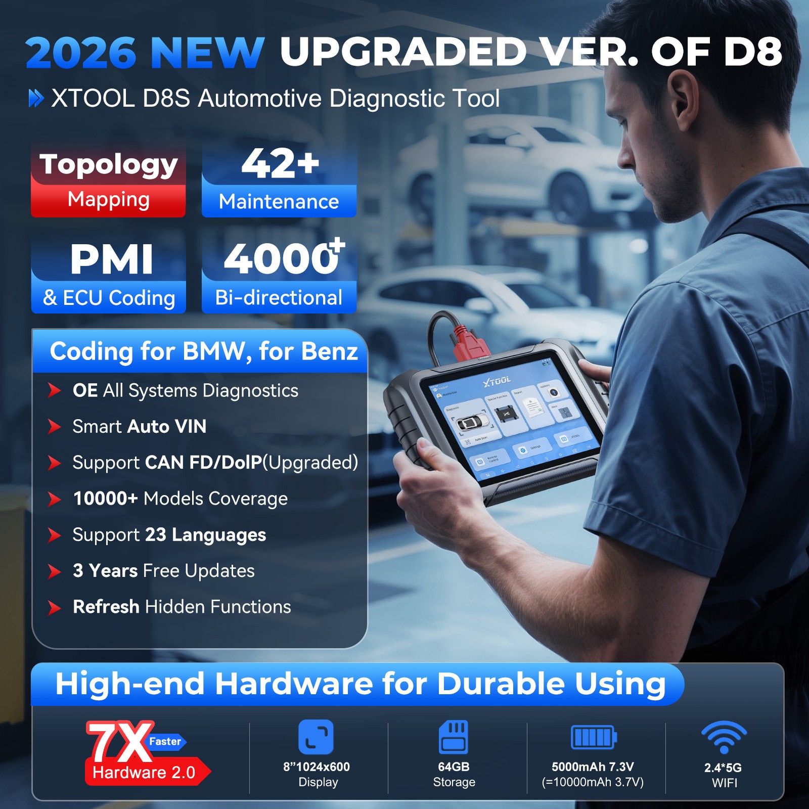 XTOOL D8S Auto Diagnostic OBD2 Scanner E.CU Coding Topology Mapping 38+ Resets
