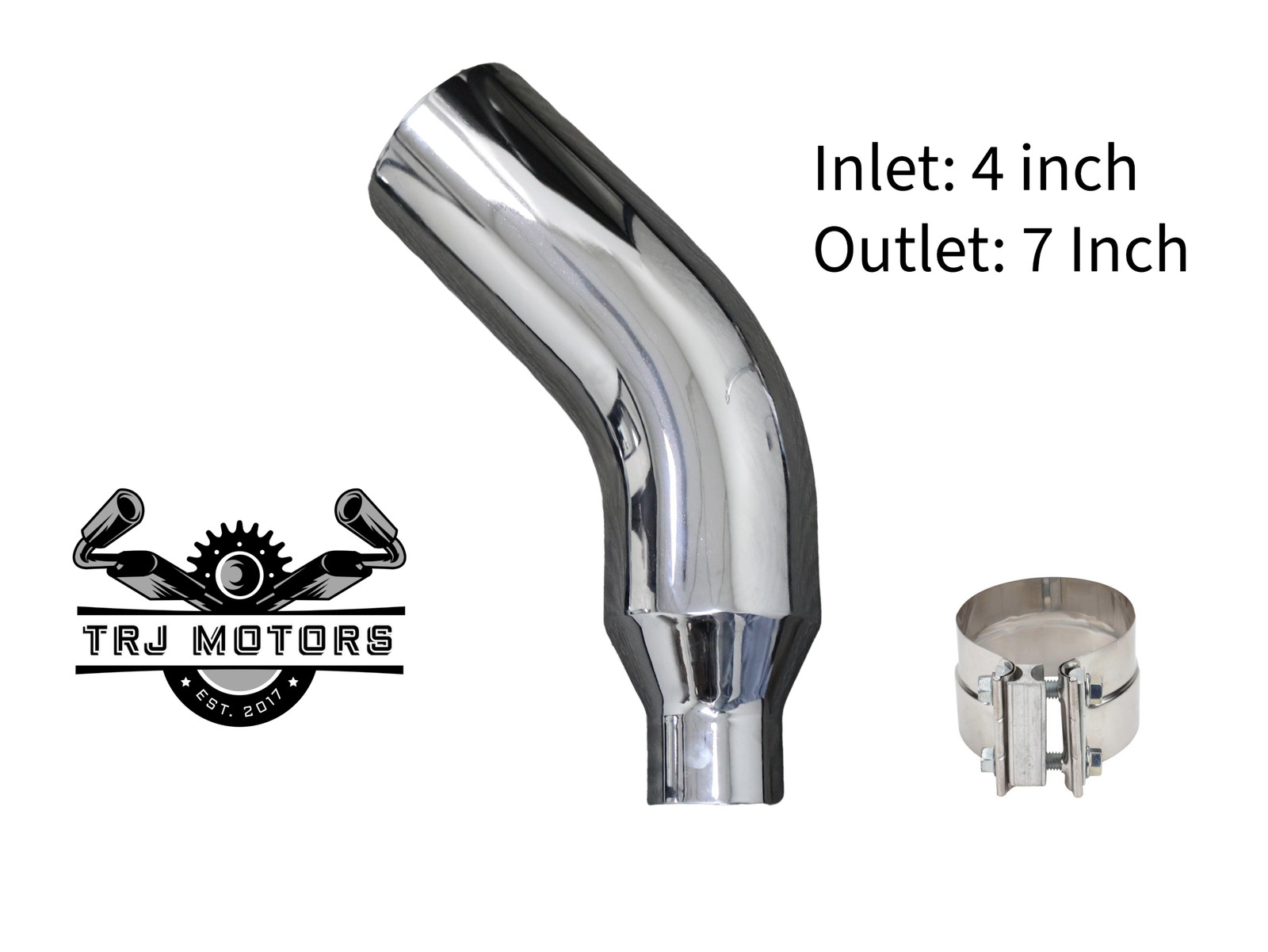 4″ In 7″ Out Diesel Exhaust Chrome Turndown Elbow Tip 23″ Long with SS Clamp
