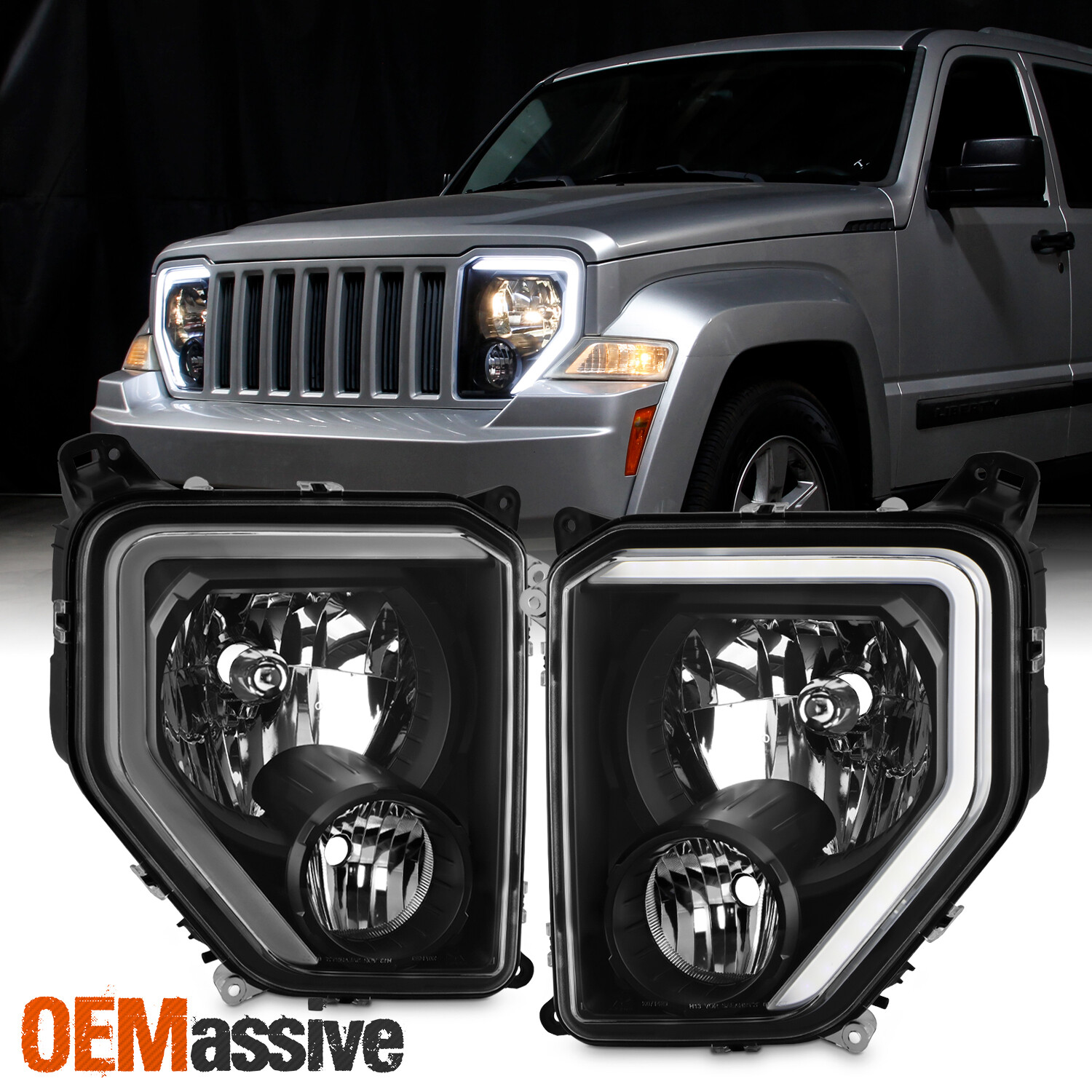 For 2008-2012 Jeep Liberty w/LED DRL Headlight Headlamp Fog Light Black Housing