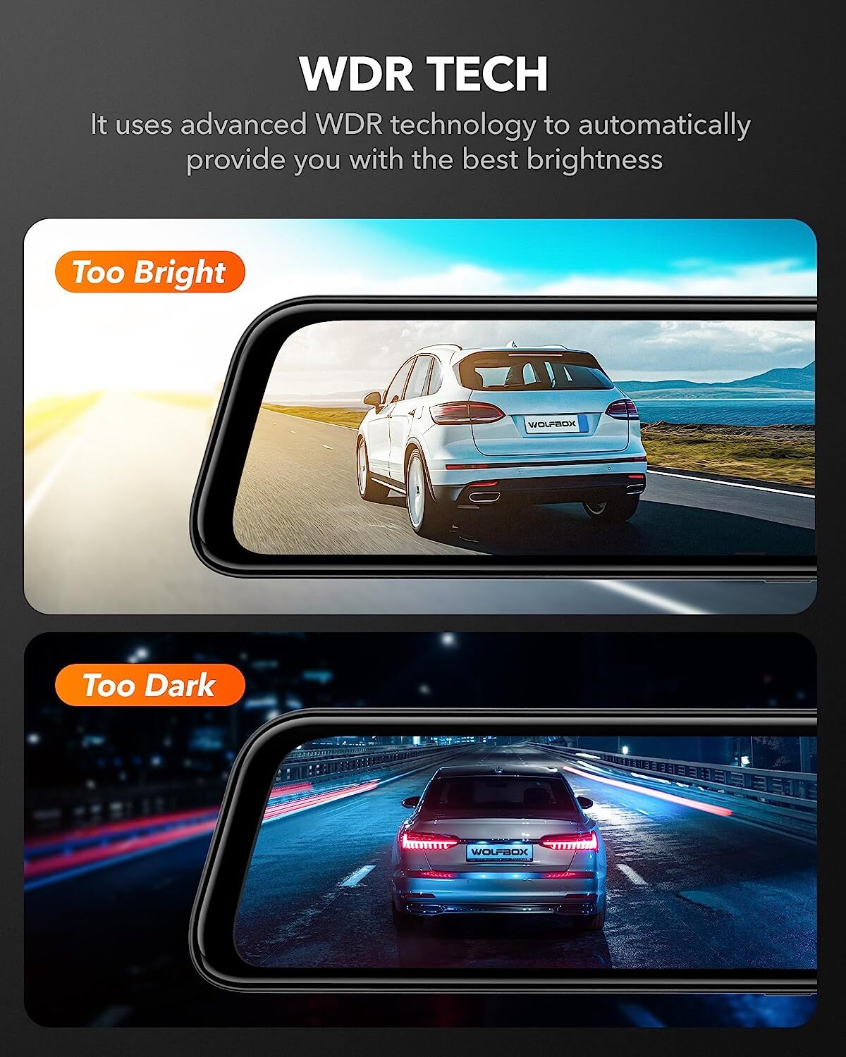 WOLFBOX 1080P Mirror Dash Camera Front and Rear View Dash Cam Free 32G SD