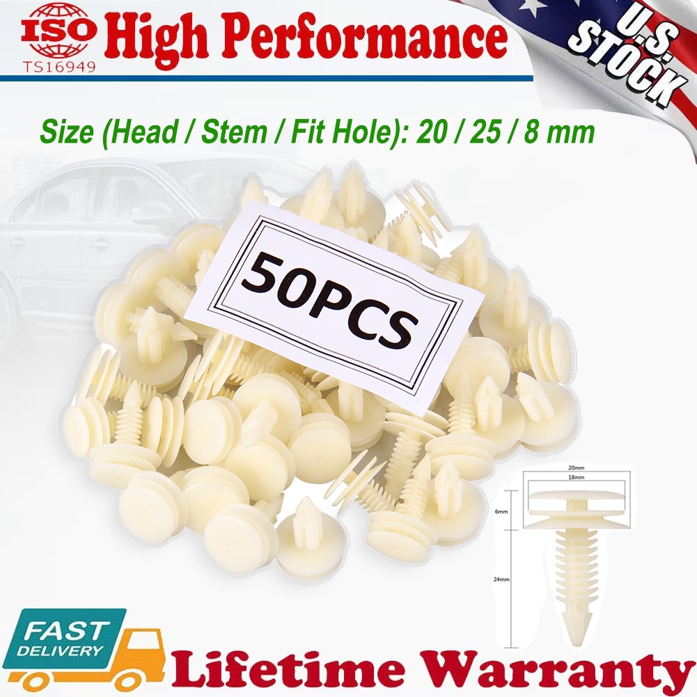 50Pcs Bumper Clips Hood Fender Push Plastic Rivets Retainer Fasteners 20/25/8mm