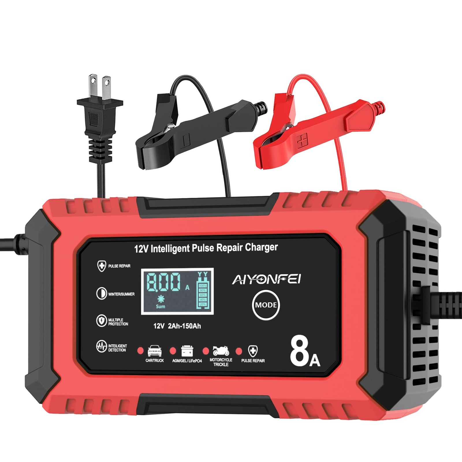AIYONFEI 12V Battery Charger 8-Amp Smart Trickle Charger, Red