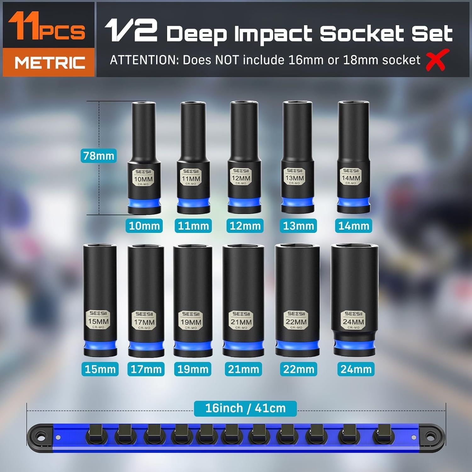 1/2″ Drive Deep Impact Socket Set Metric, 11-Piece Metric 10-24mm, Profession…