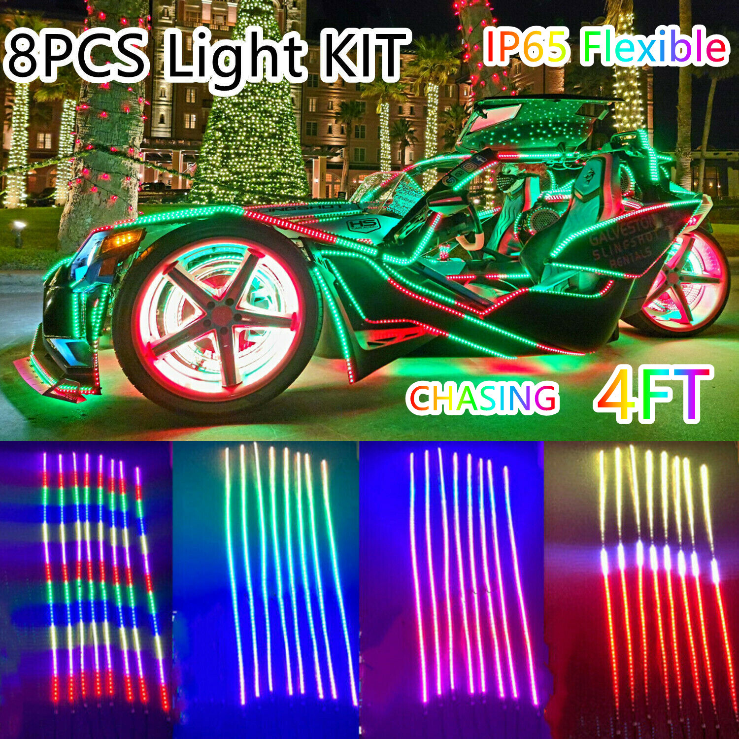 8PCS 4FT CHASING LED Strips Lights Polaris Slingshot IP65Waterproof Flexible SET