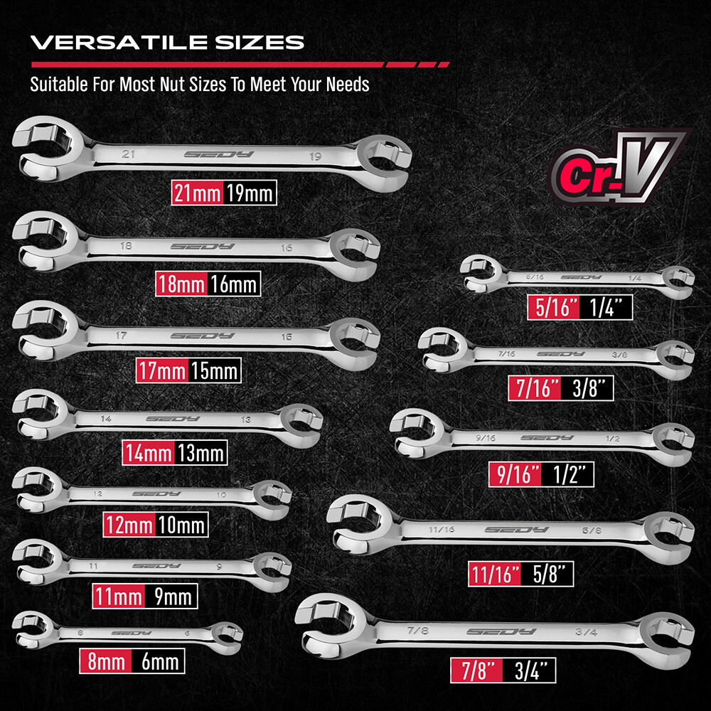 12PC Flare Nut Wrench Set with 2 PTFE Tape Metric & SAE Brake Line Wrench Offset
