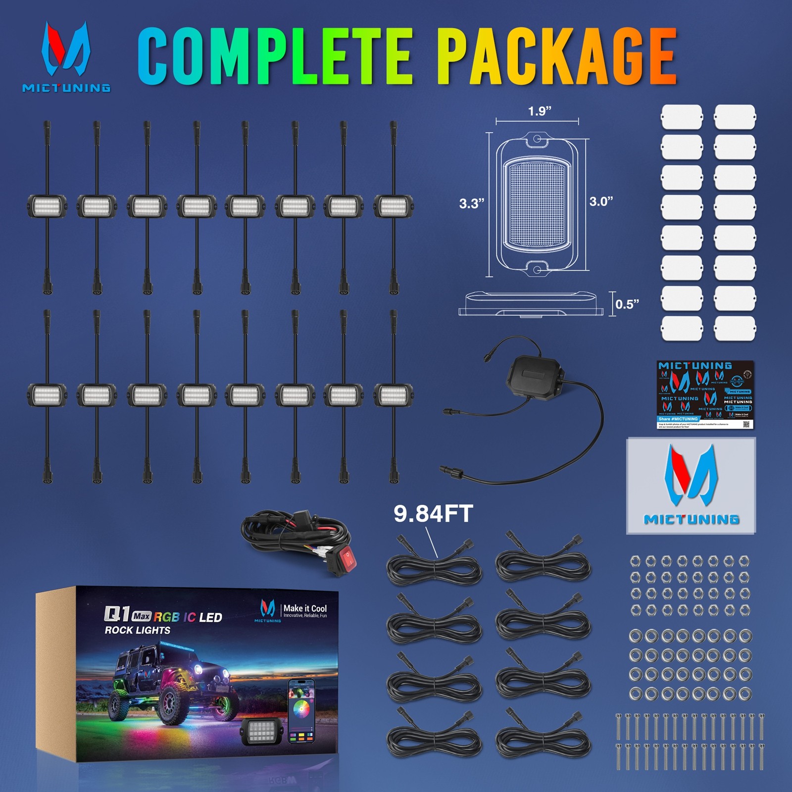 Q1 Max RGB+IC Rock Lights Chasing Dream Color – 16 Pods Underglow Lighting Kit
