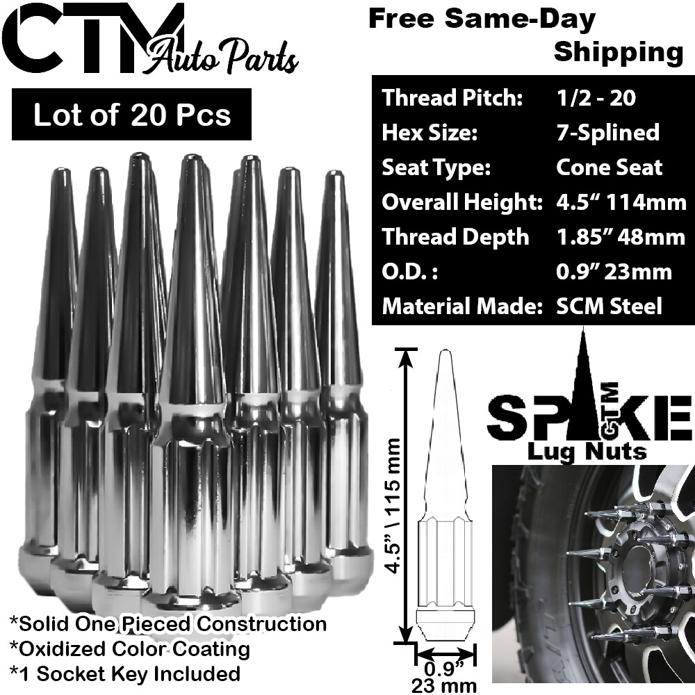 20Pc 4.5″ TALL CHROME 1/2-20 SPLINE SPIKE LUG NUT+KEY FIT CHEVY CADILLAC BUICK