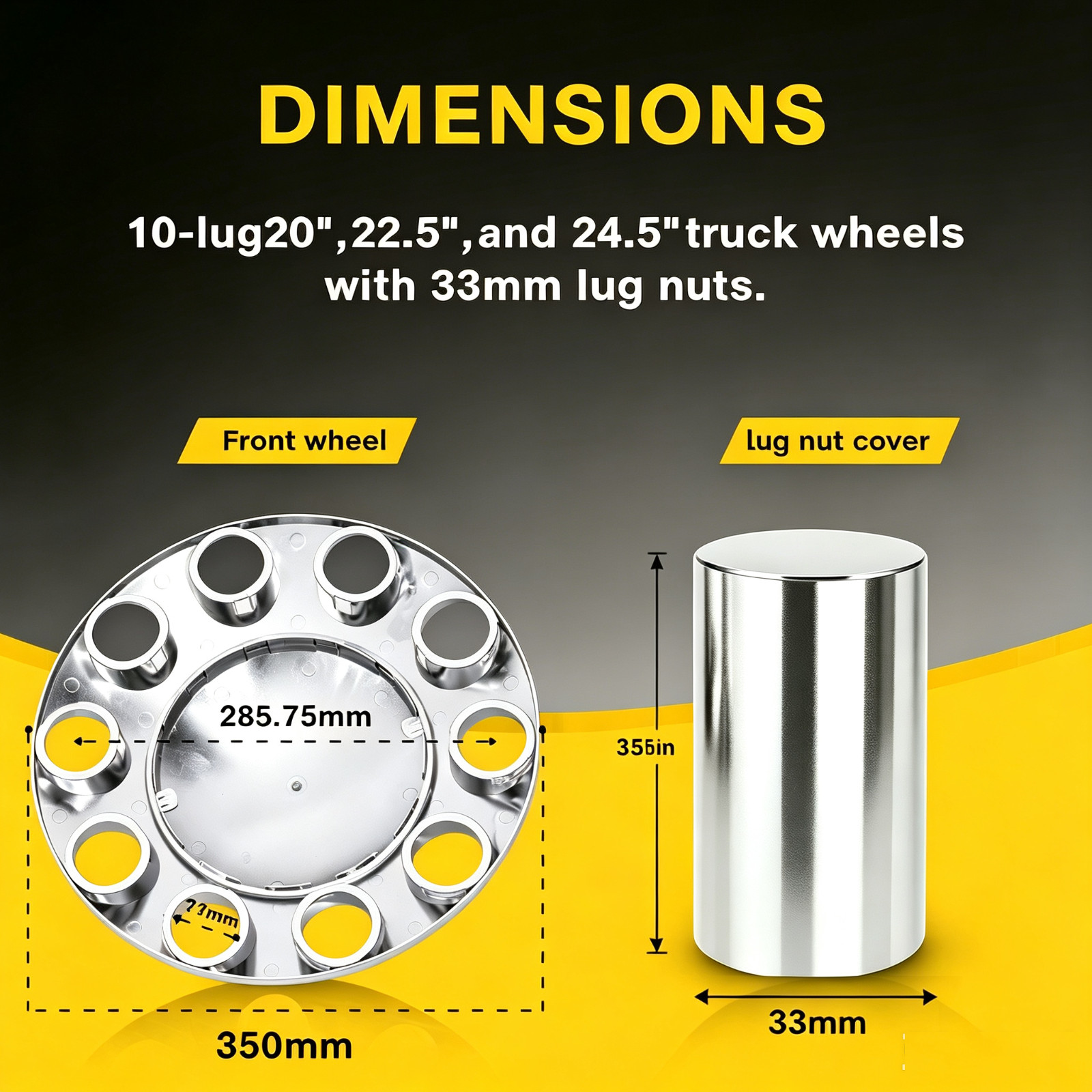 Front Axle Cover w/ 33mm Cylinder Lug Nut Chrome for Semi Truck 2pcs