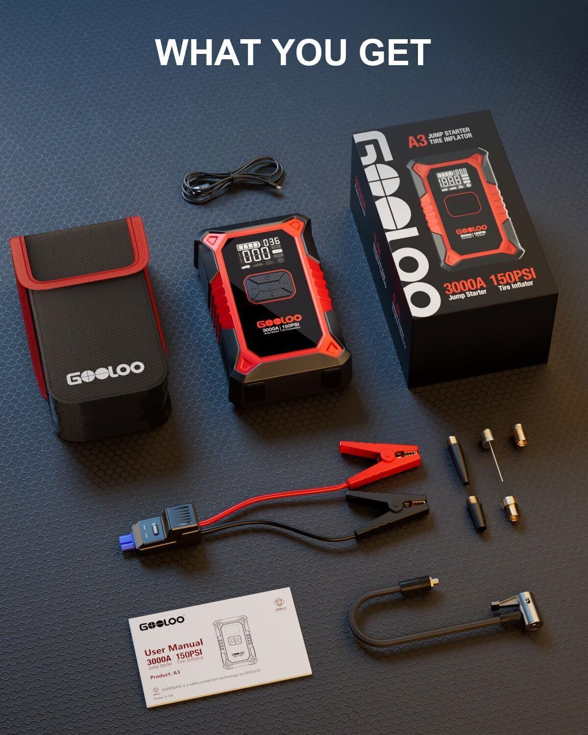 GOOLOO A3 Jump Starter with Air Compressor 3000A Portable Car Battery Booster