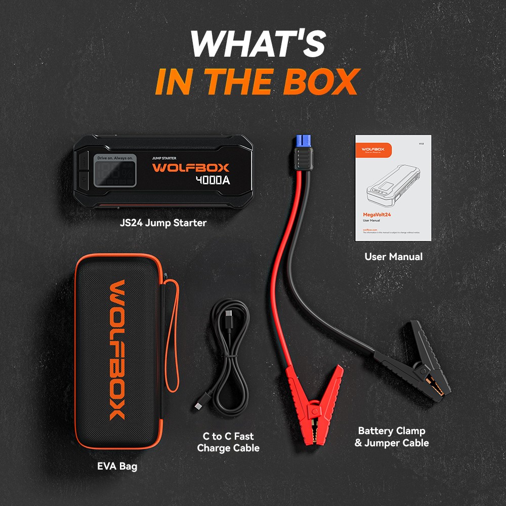 WOLFBOX Car Jump Starter Booster Jumper Box Power Bank Battery Charger Black NEW